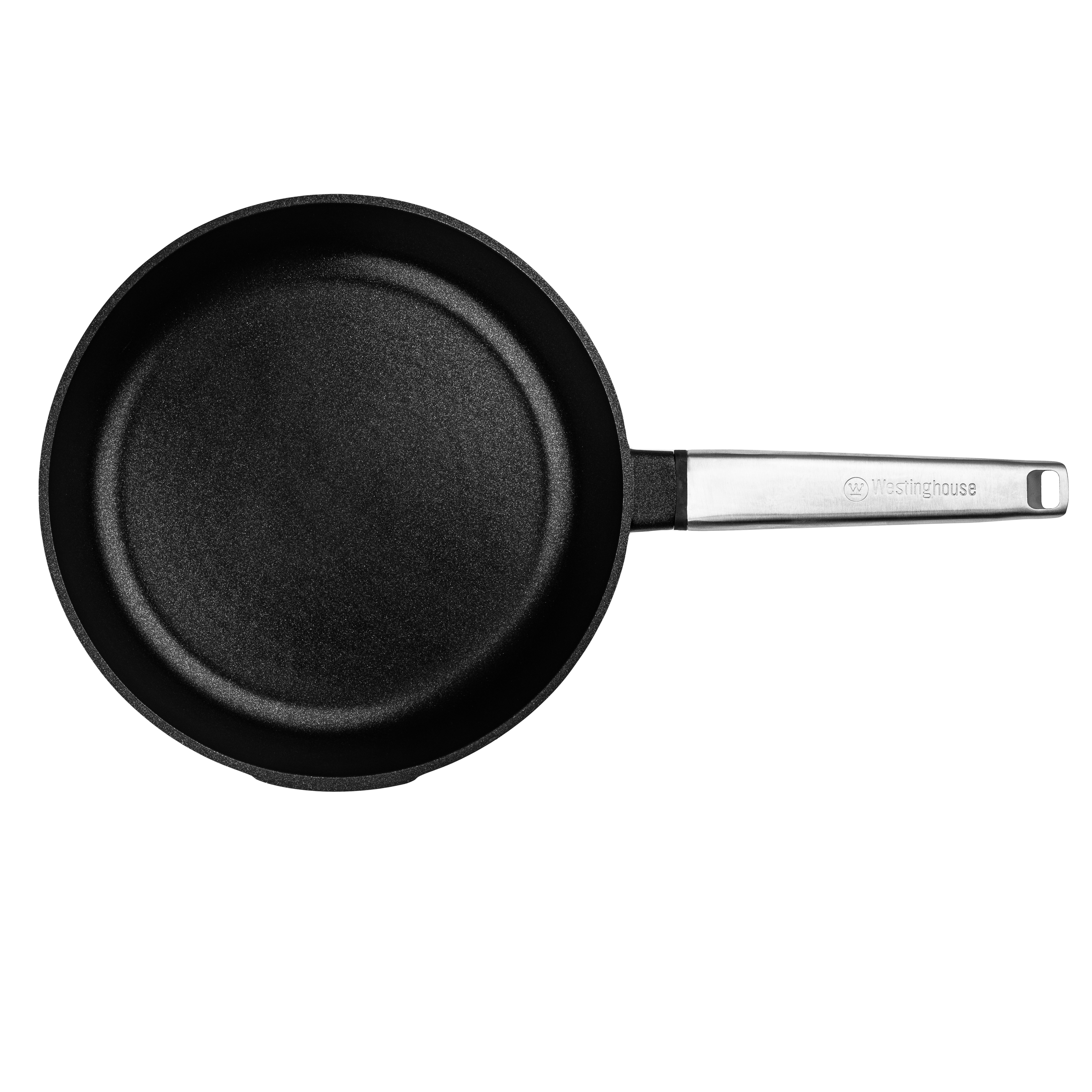 Schwarze Bratpfanne mit Stahlgriff. Westinghouse-Marke ist sichtbar.
