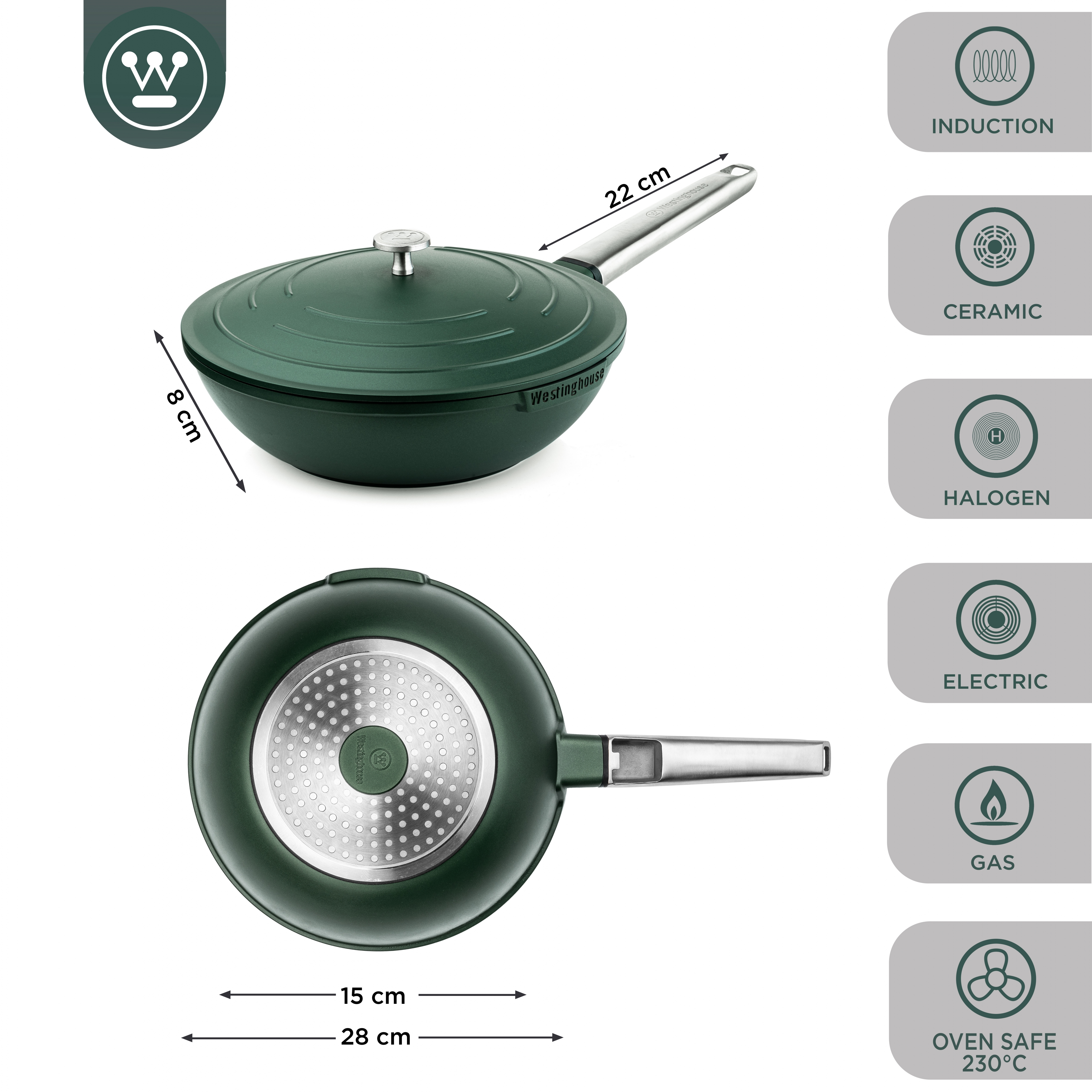 Grüner Westinghouse Wok mit Deckel, Abmessungen beschriftet. Etiketten zeigen Kompatibilität mit Kochfeldern.