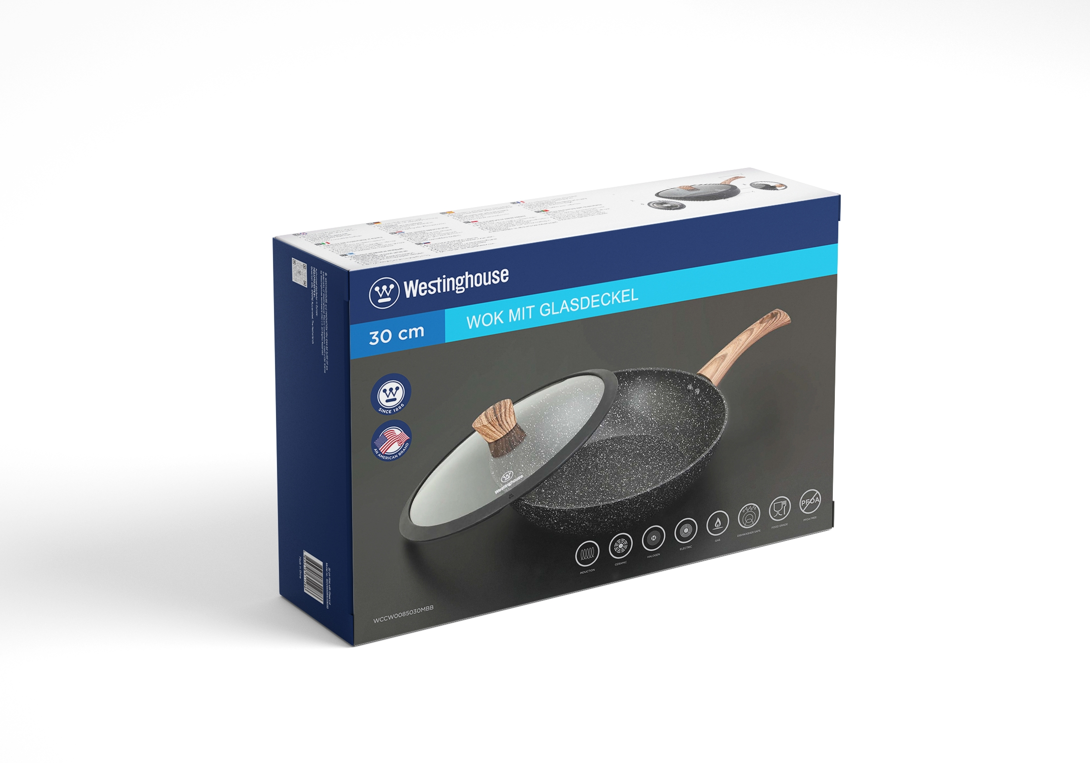 Eine Wok-Pfanne mit Glasdeckel in einer Box. Die Box hat das Westinghouse-Logo.