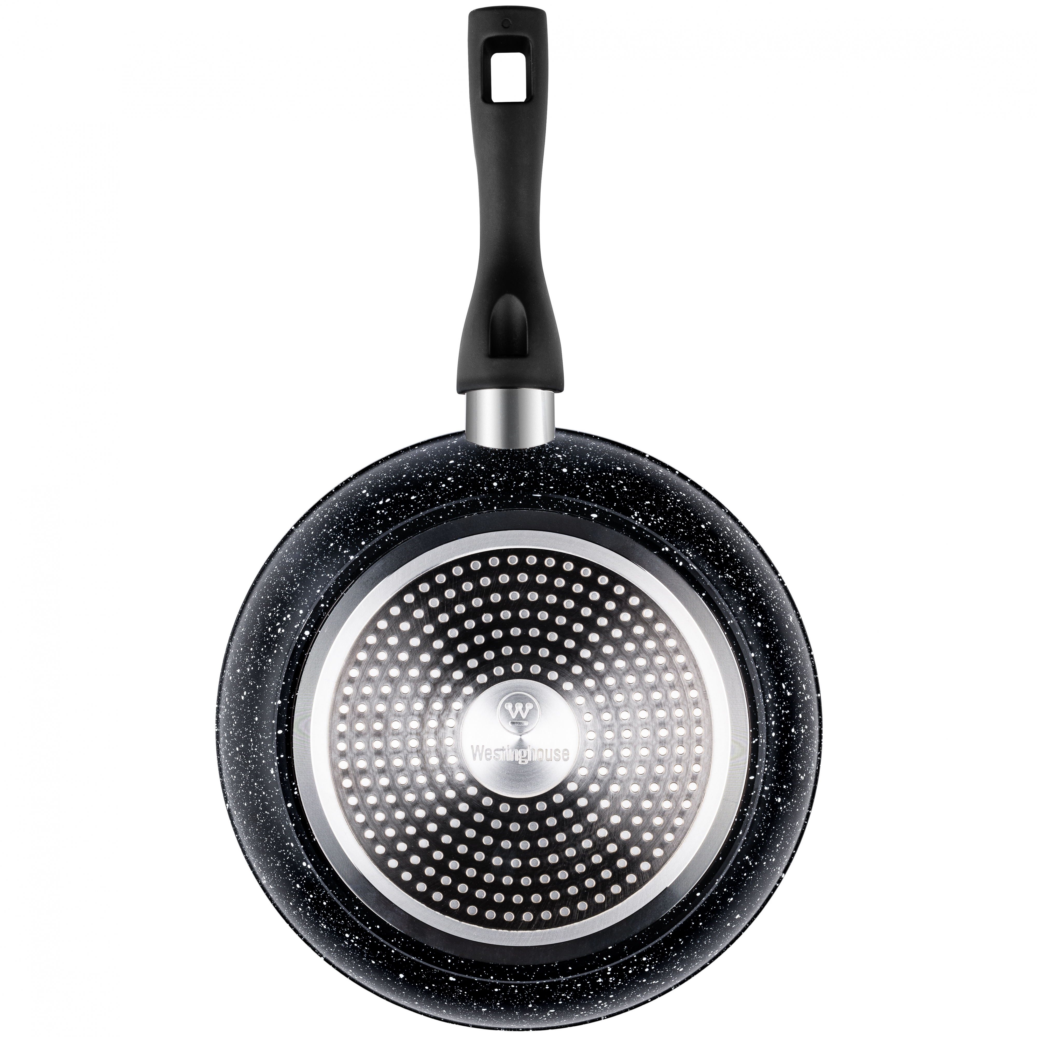 Antihaft-Pfannenboden mit strukturierter Oberfläche, Markenname in der Mitte.