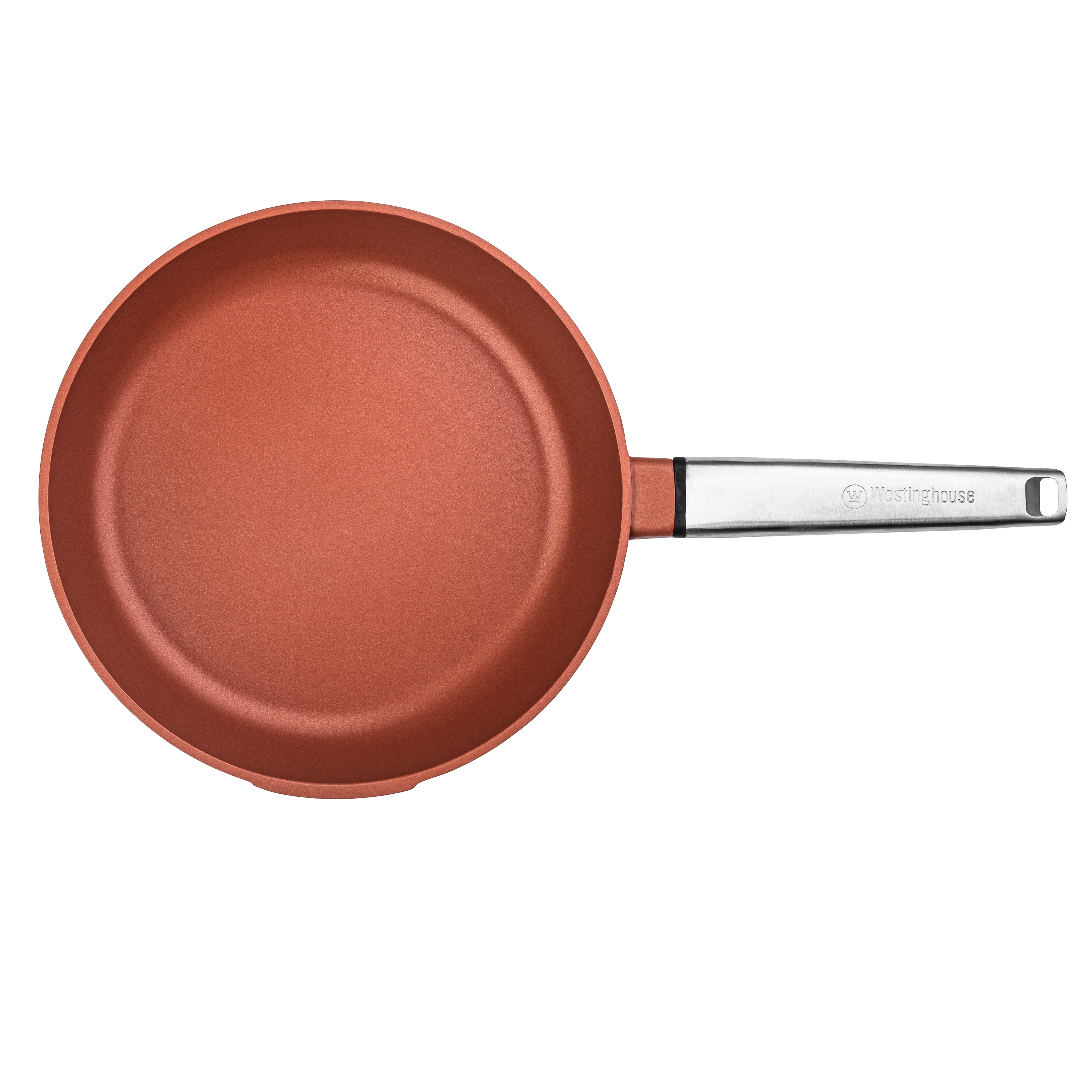 Rot-kupferfarbene Bratpfanne mit silbernem Griff. Die Marke Westinghouse ist auf dem Griff aufgedruckt.