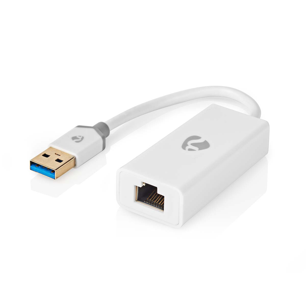 White USB to ethernet adapter.