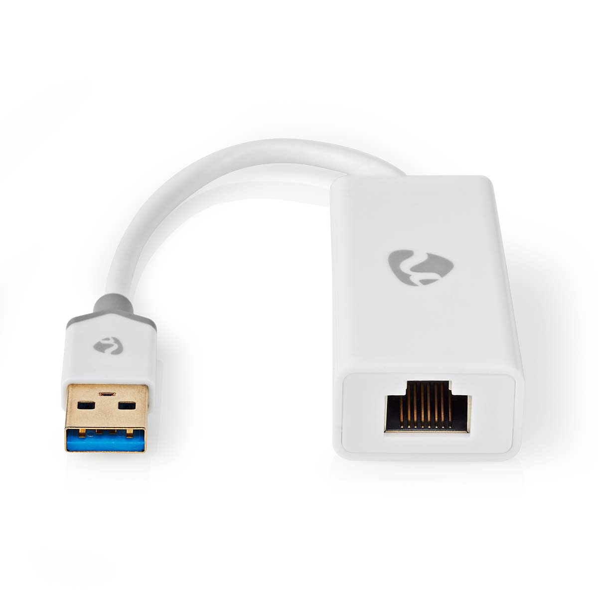 White USB to Ethernet adapter cable with a USB and Ethernet connector.