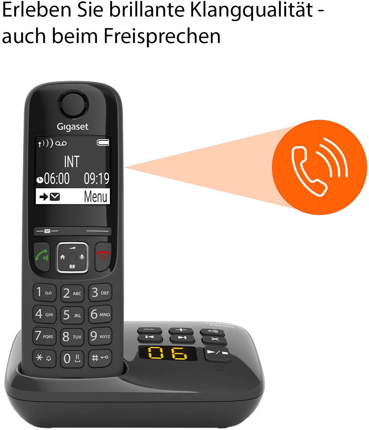 Ein schwarzes schnurloses Telefon mit Basis, das Uhrzeit und Menü anzeigt, mit einer orangefarbenen Anrufillustration.