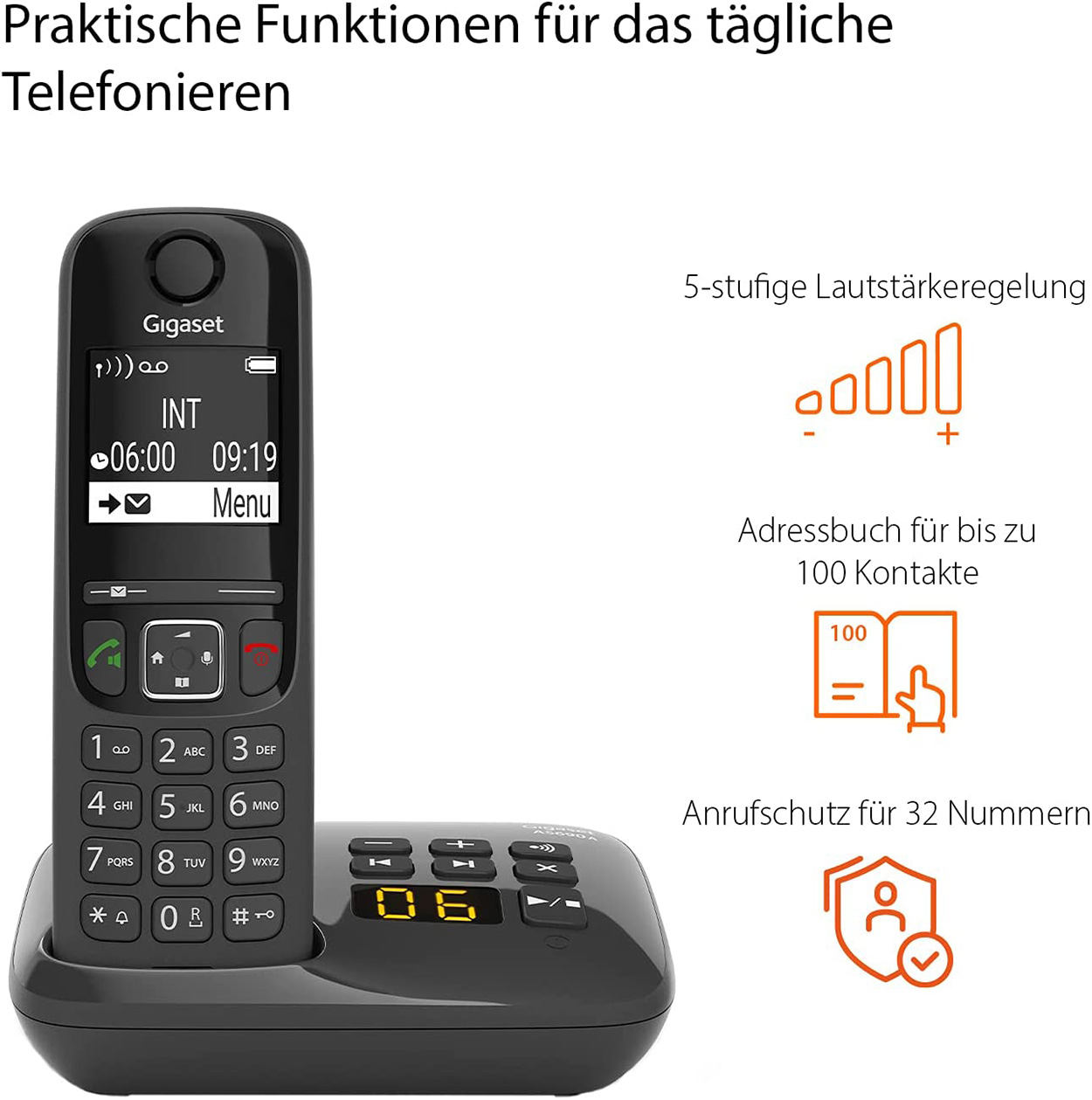 Ein Festnetztelefon mit Basis. Text und Symbole befinden sich auf der Basis. Anzeige zeigt Uhrzeit und Telefonfunktionen.