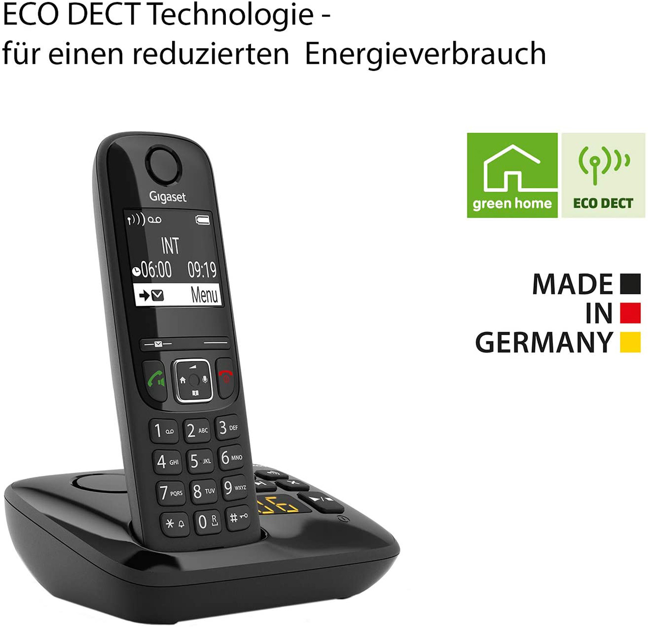 Ein schwarzes Festnetztelefon mit Bildschirm und Tasten. Es hat das grüne Home-Symbol.