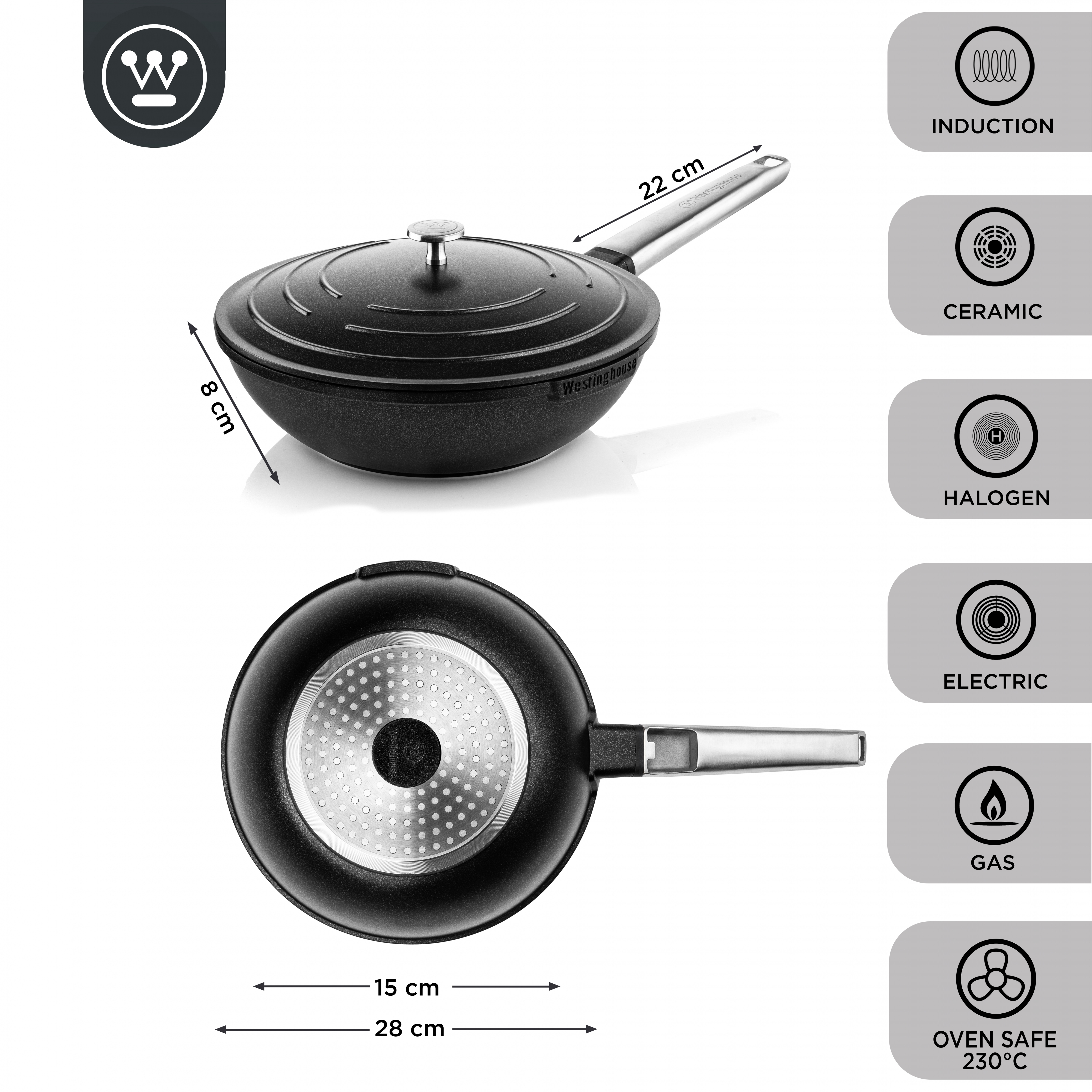 Zwei Ansichten eines schwarzen Woks mit silbernem Griff auf weißem Grund, mit Maßen.