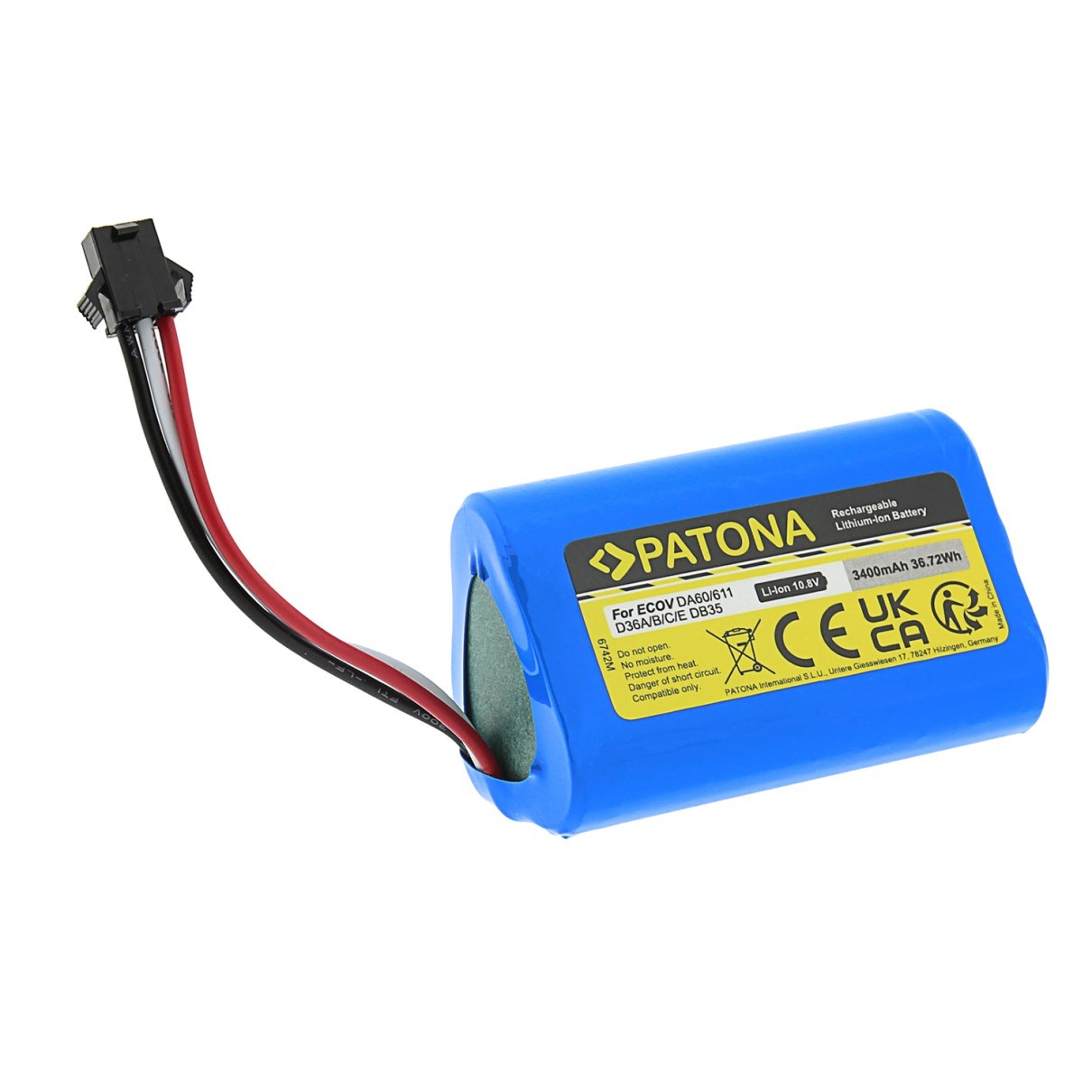 Eine blaue PATONA Lithium-Ionen-Batterie mit schwarzen und roten Drähten.