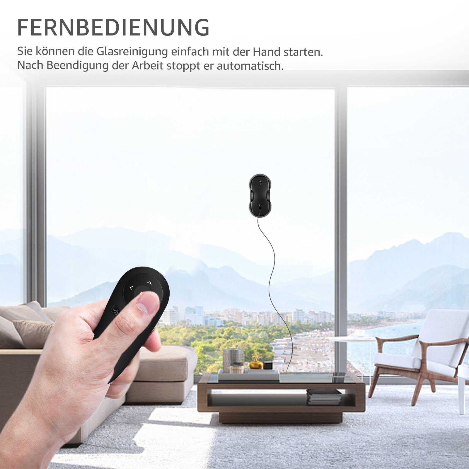 Eine Hand hält eine Fernbedienung und steuert einen Fensterputzroboter an einem Fenster.