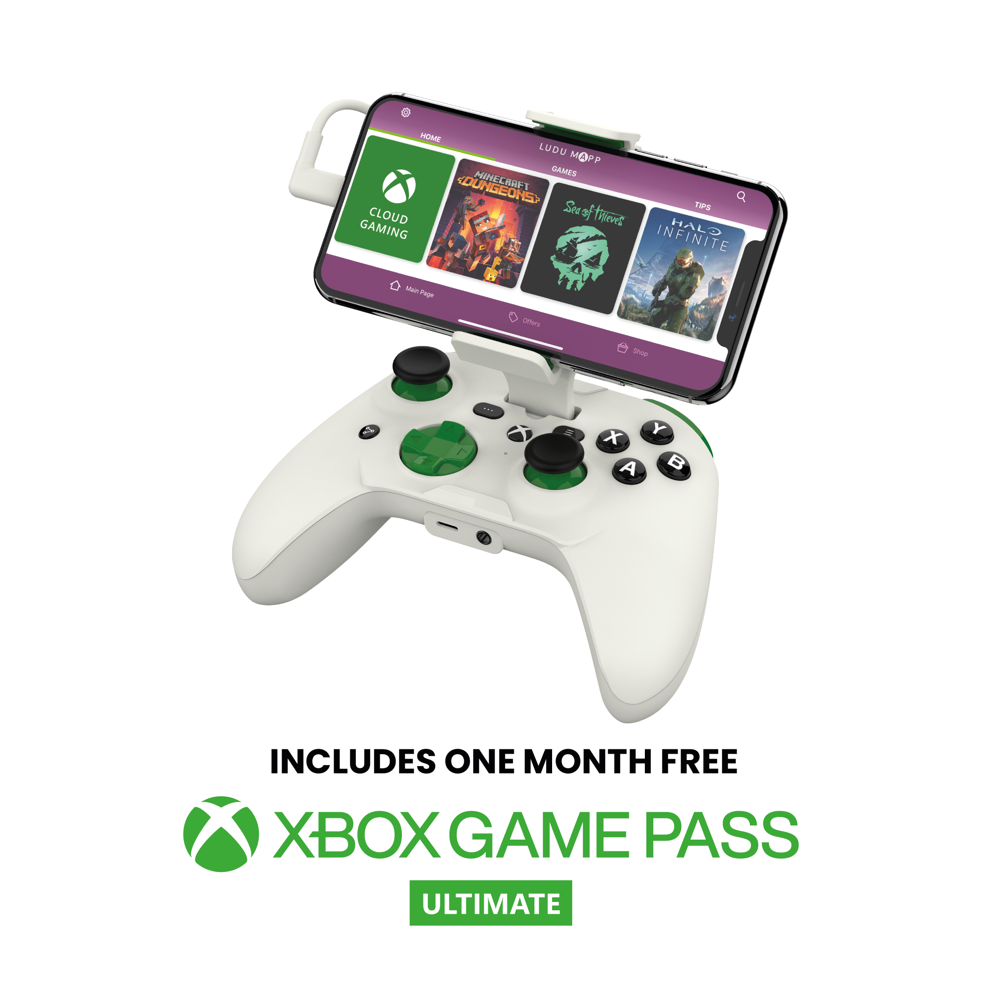 Weiß-grüner Controller mit angeschlossenem Telefon. Zeigt das Xbox Game Pass Ultimate Logo.