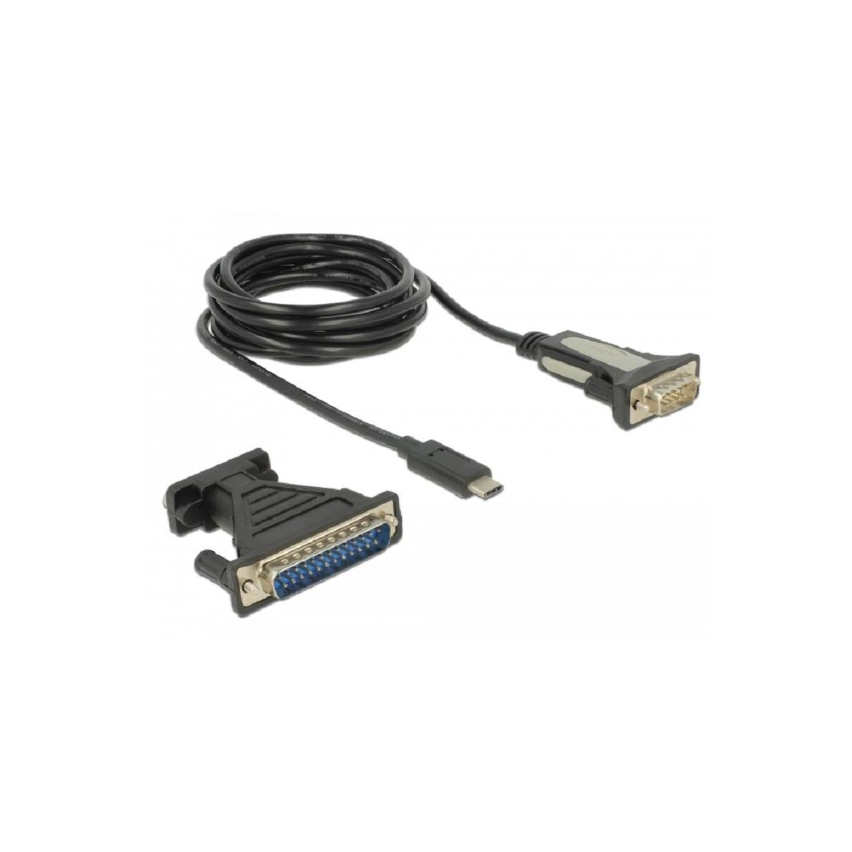 Cavo nero con un connettore USB-C e un connettore DB25. Sfondo bianco.