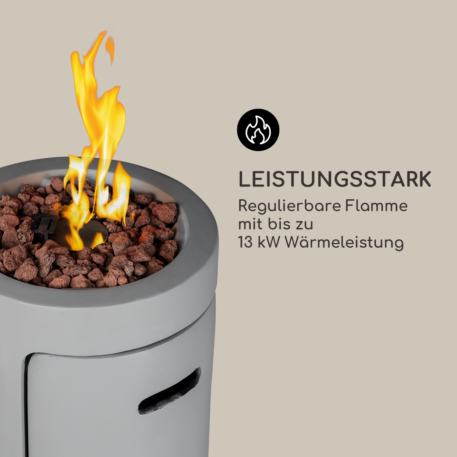 Feuerstelle mit Flammen. Text: Leistungsstark, regulierbare Flamme mit bis zu 13 kW Wärmeleistung.