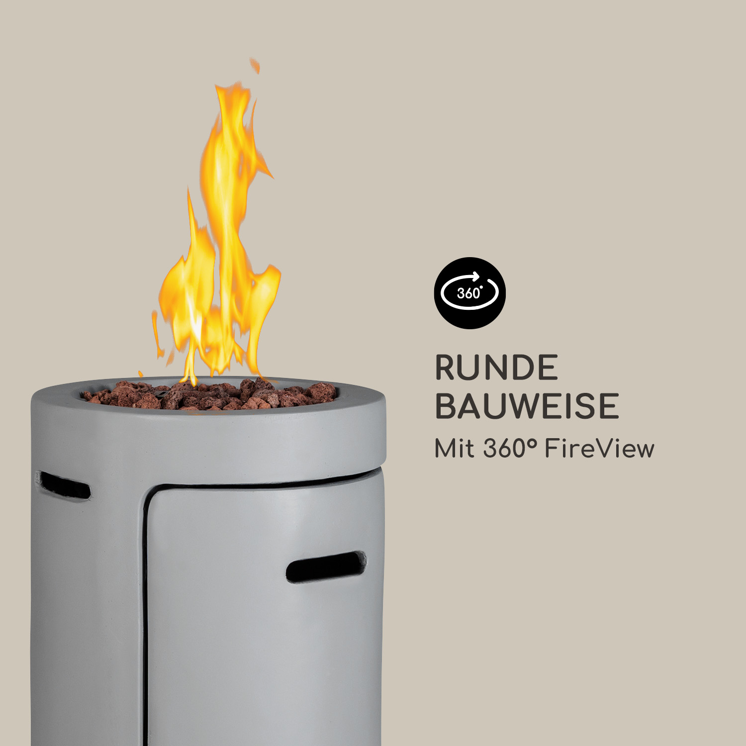 Eine zylindrische graue Feuerstelle mit einem Feuer im Inneren, mit Text