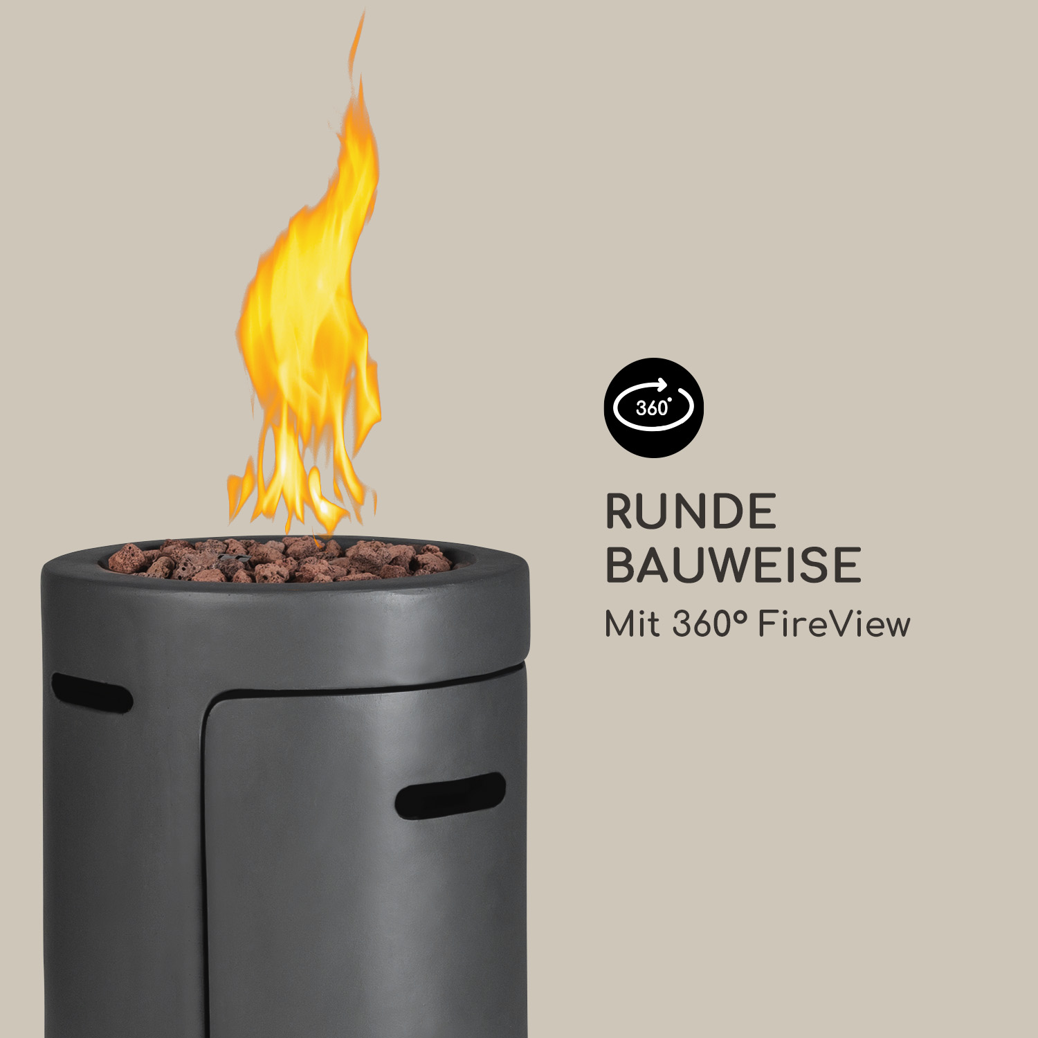 Dunkelgrauer Außenkamin mit Flamme. Text sagt 'Runde Bauweise' und '360° FireView'.