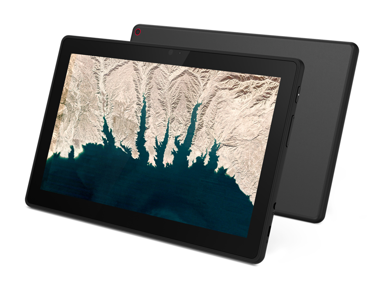Tablet nero con immagine di paesaggio sullo schermo, un altro dietro.