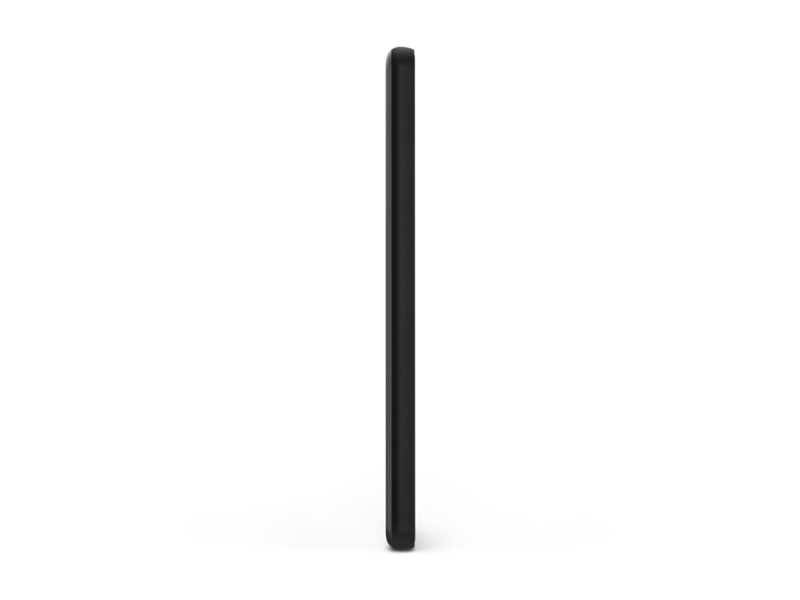 Uno smartphone nero visto di lato, su uno sfondo bianco.