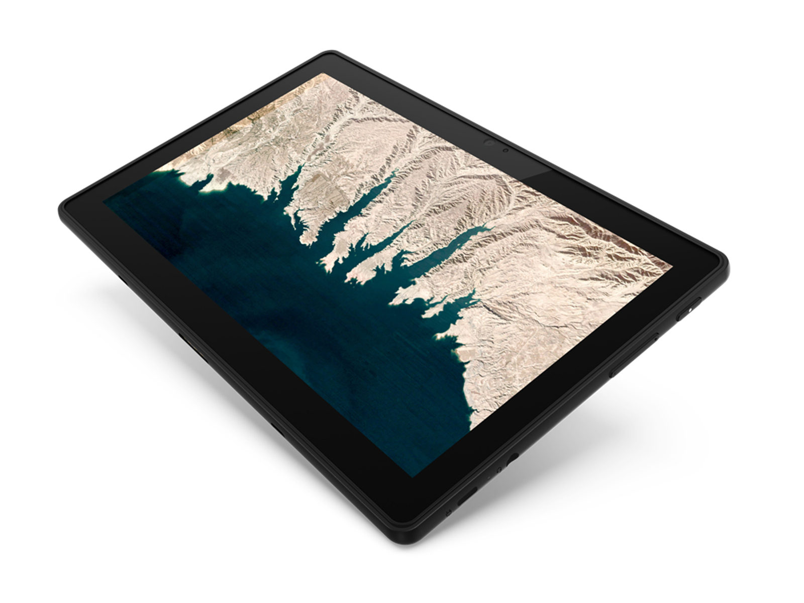 Un tablet nero che mostra un paesaggio di costa, con sfondo bianco.