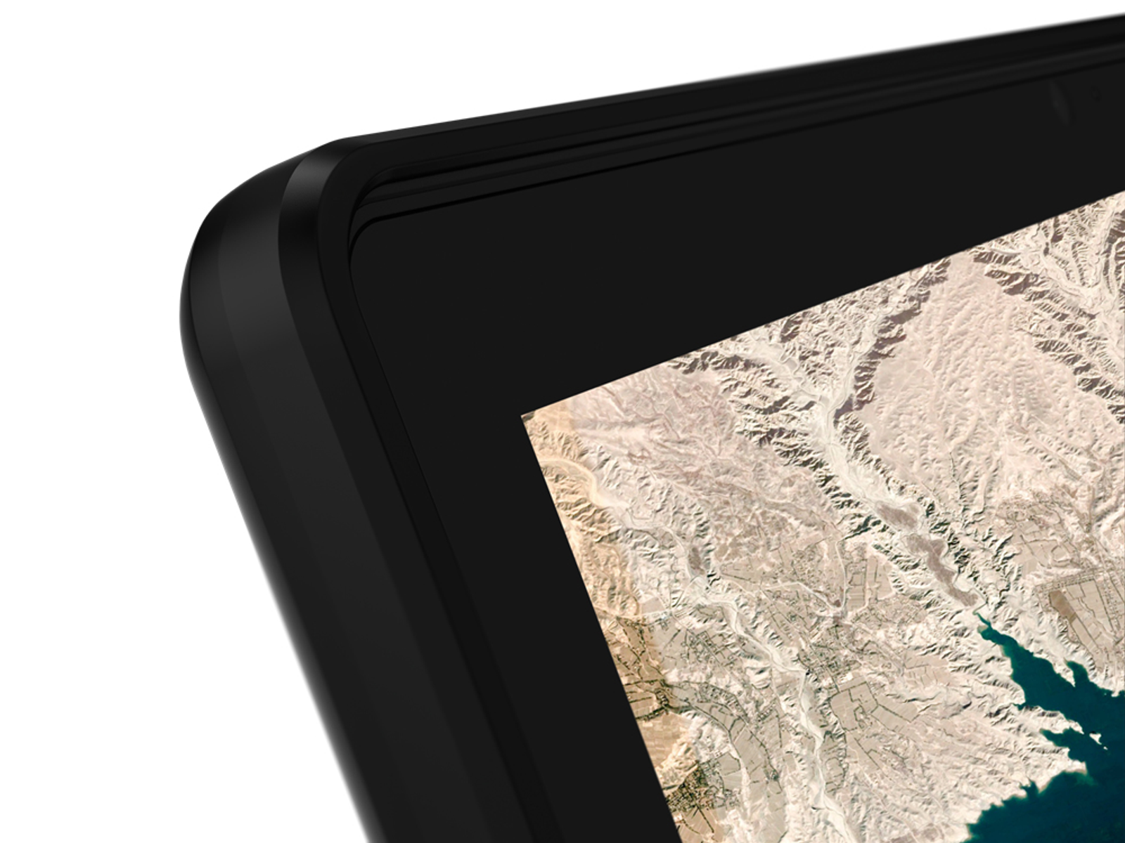 Angolo del tablet, primo piano. Mostra una mappa sullo schermo, bordo nero, sfondo bianco.