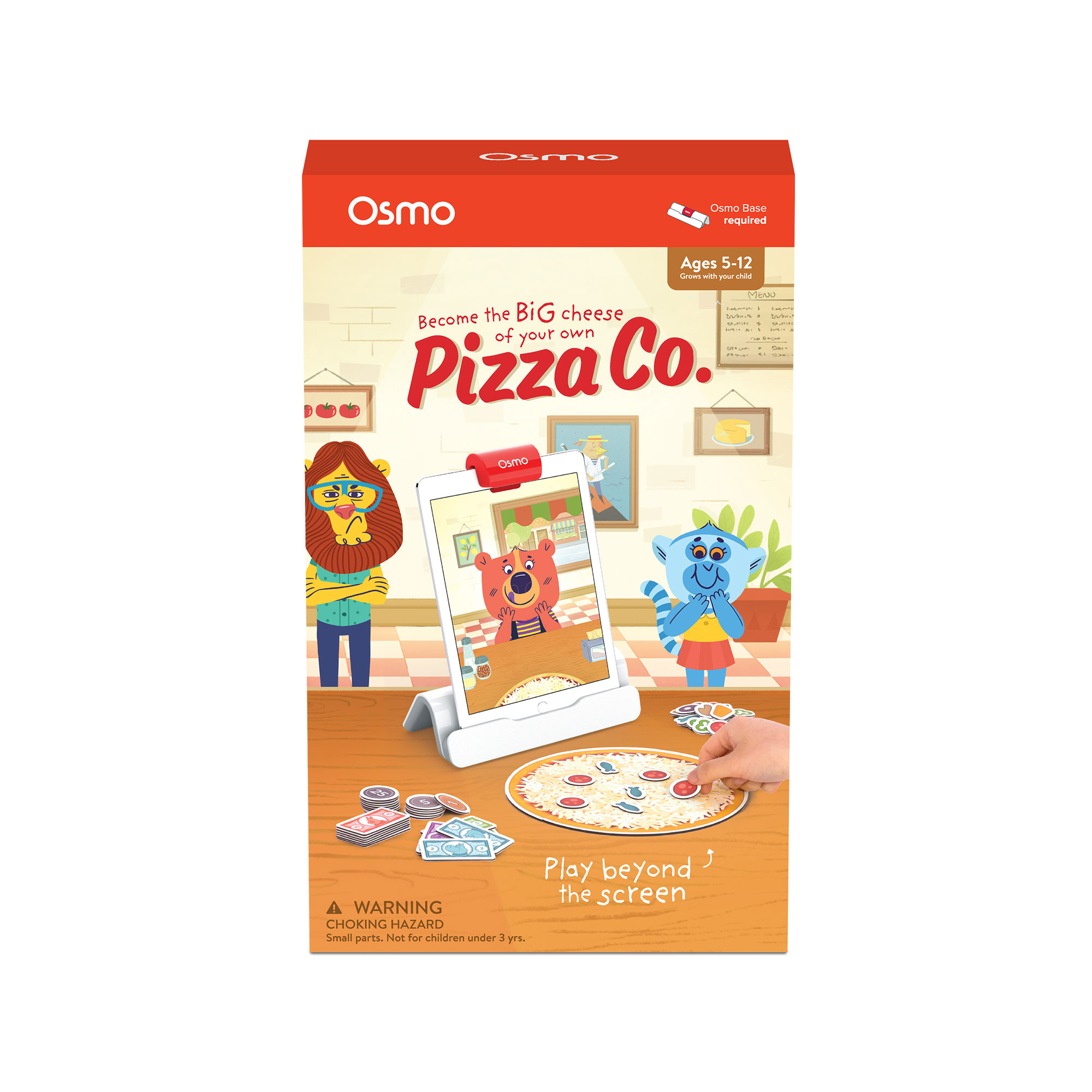 Eine Box mit einer Spielszene, die Zeichentrickfiguren mit einer Pizza zeigt.