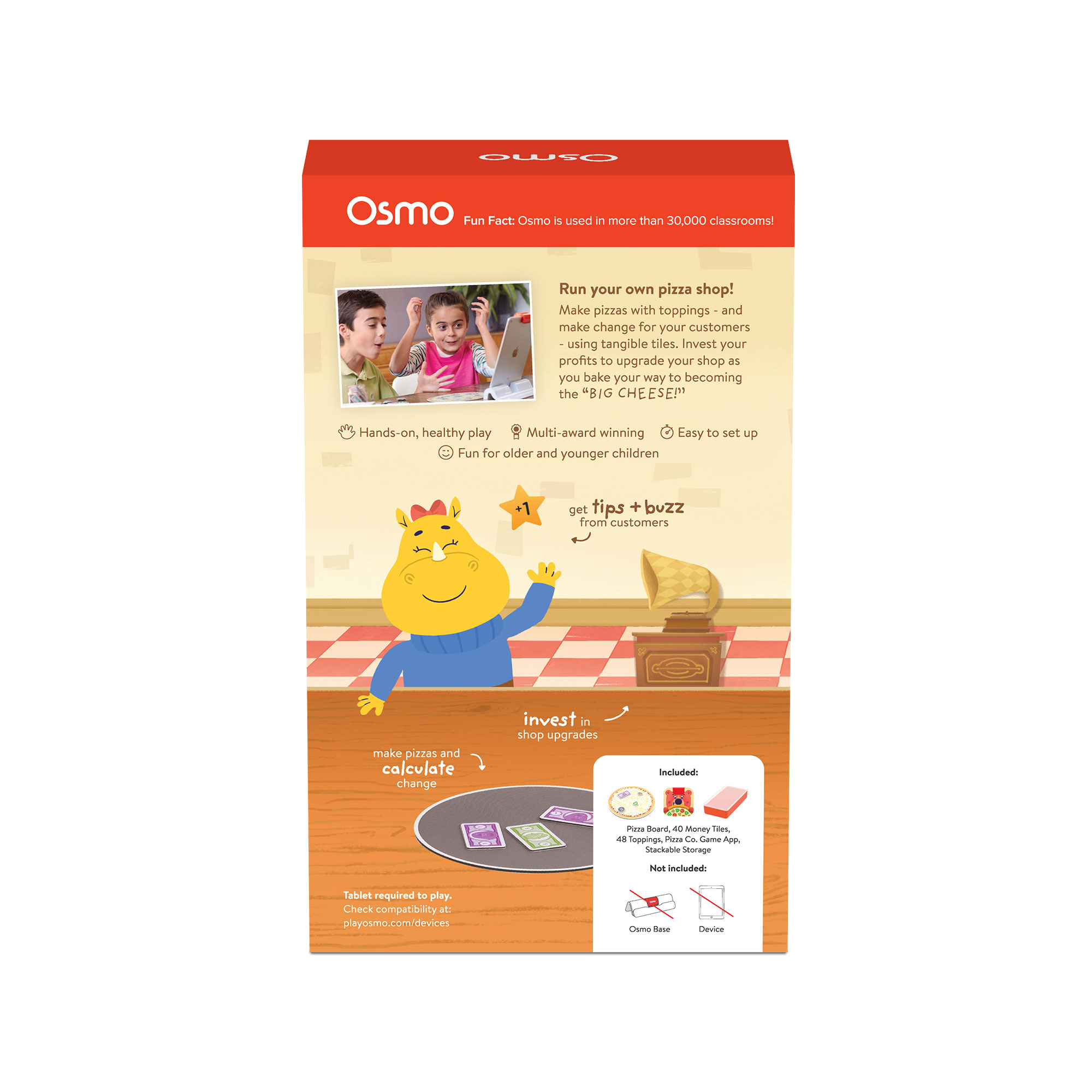 Osmo Pizza-Spielbox. Zeigt spielende Kinder und Text über Pizza backen und Wechselgeld.