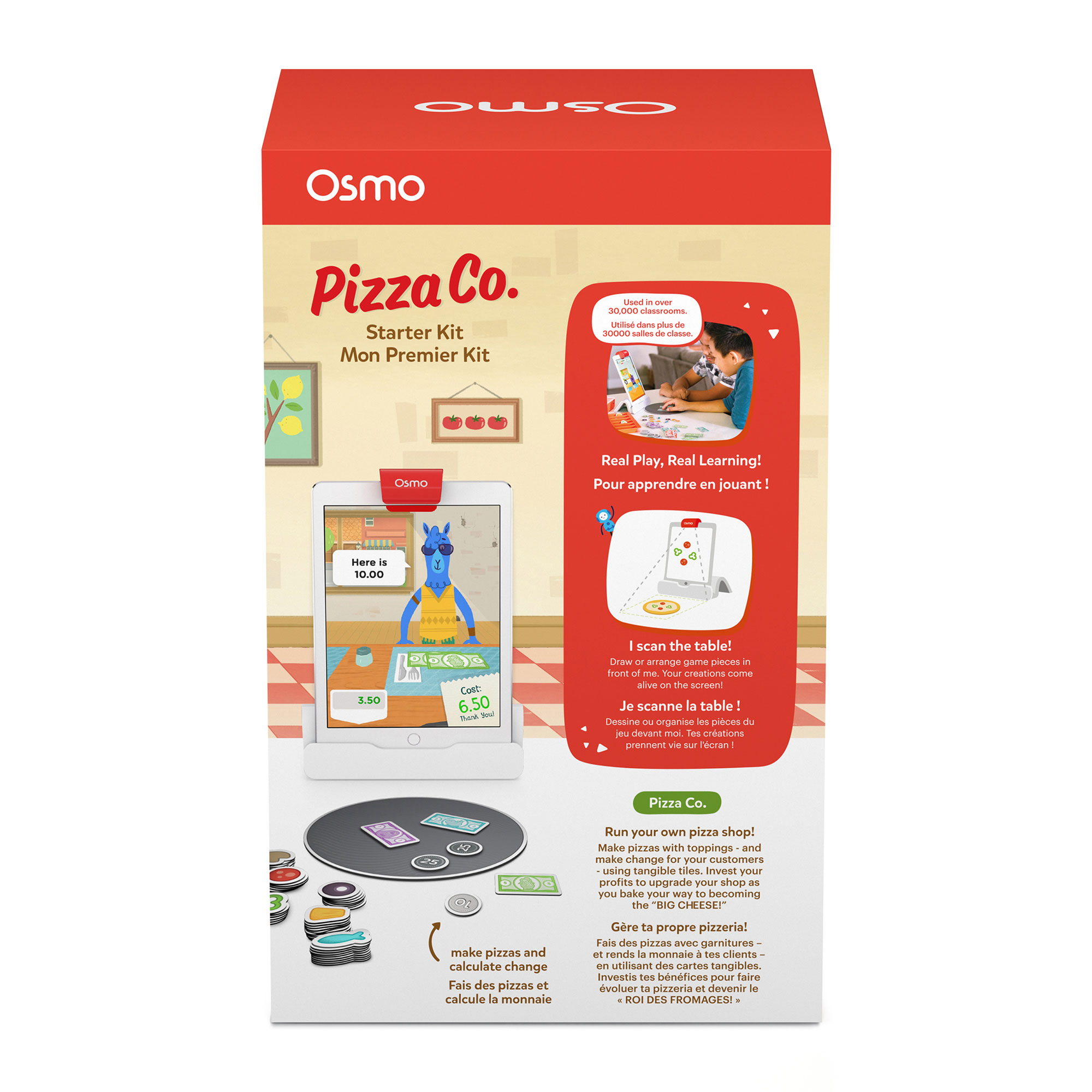 Osmo Pizza Co. Box und Spielaufbau. Tablet zeigt Spiel. Münzen und Pizzastücke sichtbar.