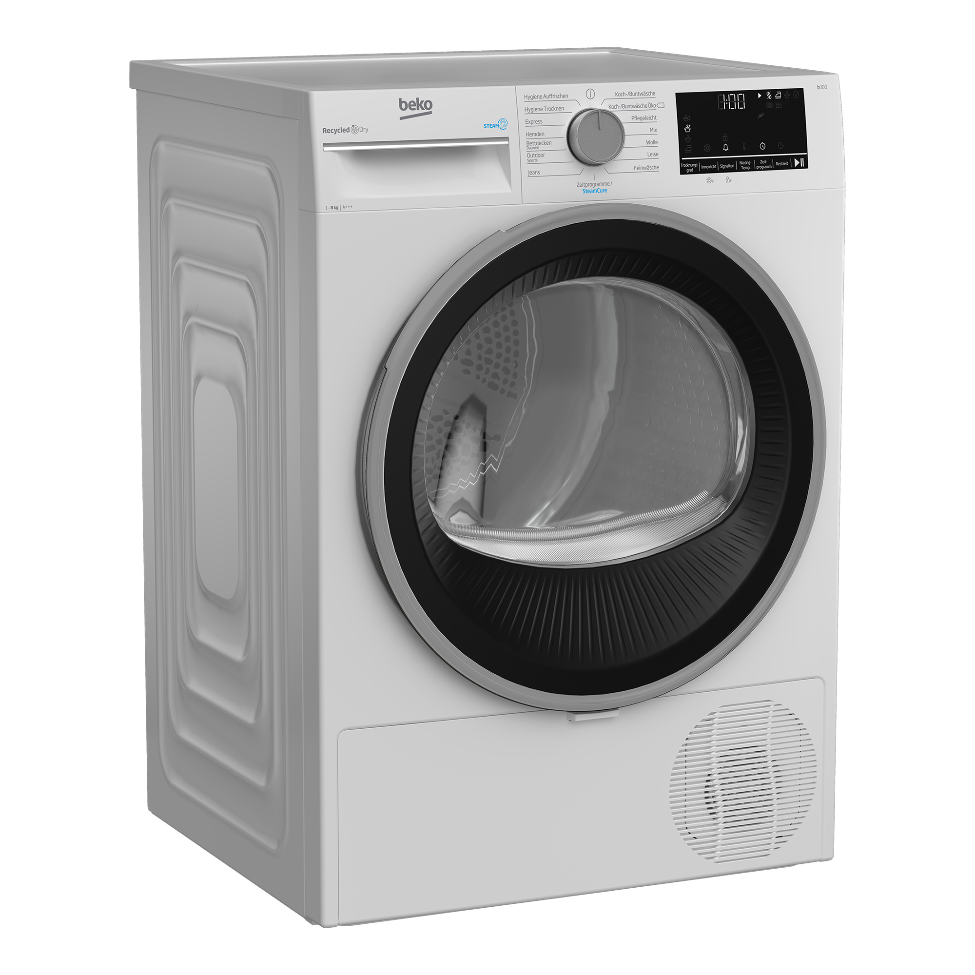 Ein weißer Beko-Trockner, der die Frontplatte, die Tür und die Luftöffnung zeigt.