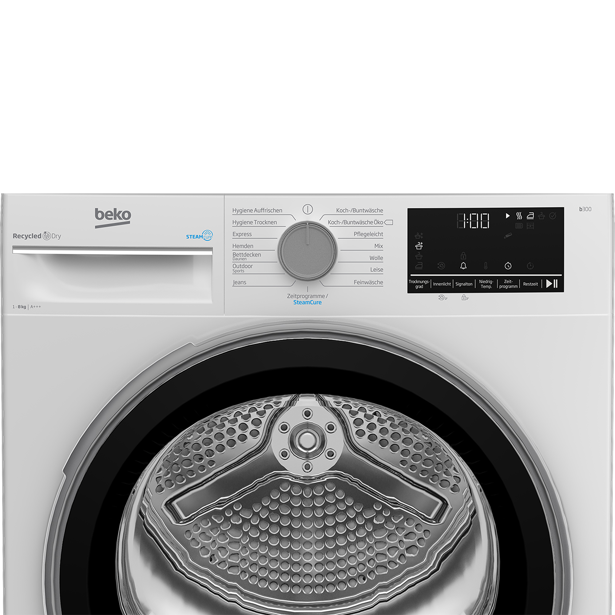 Ein weißer Beko-Trockner mit Bedienfeld, das Einstellungen anzeigt, und einem digitalen Timer, der 8:00 anzeigt.