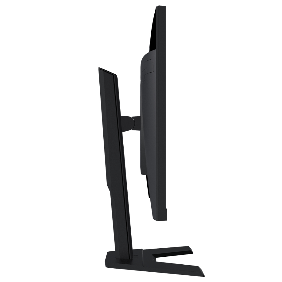 Czarny monitor z boku. Wyświetlacz po prawej stronie. Czarny stojak. Białe tło.
