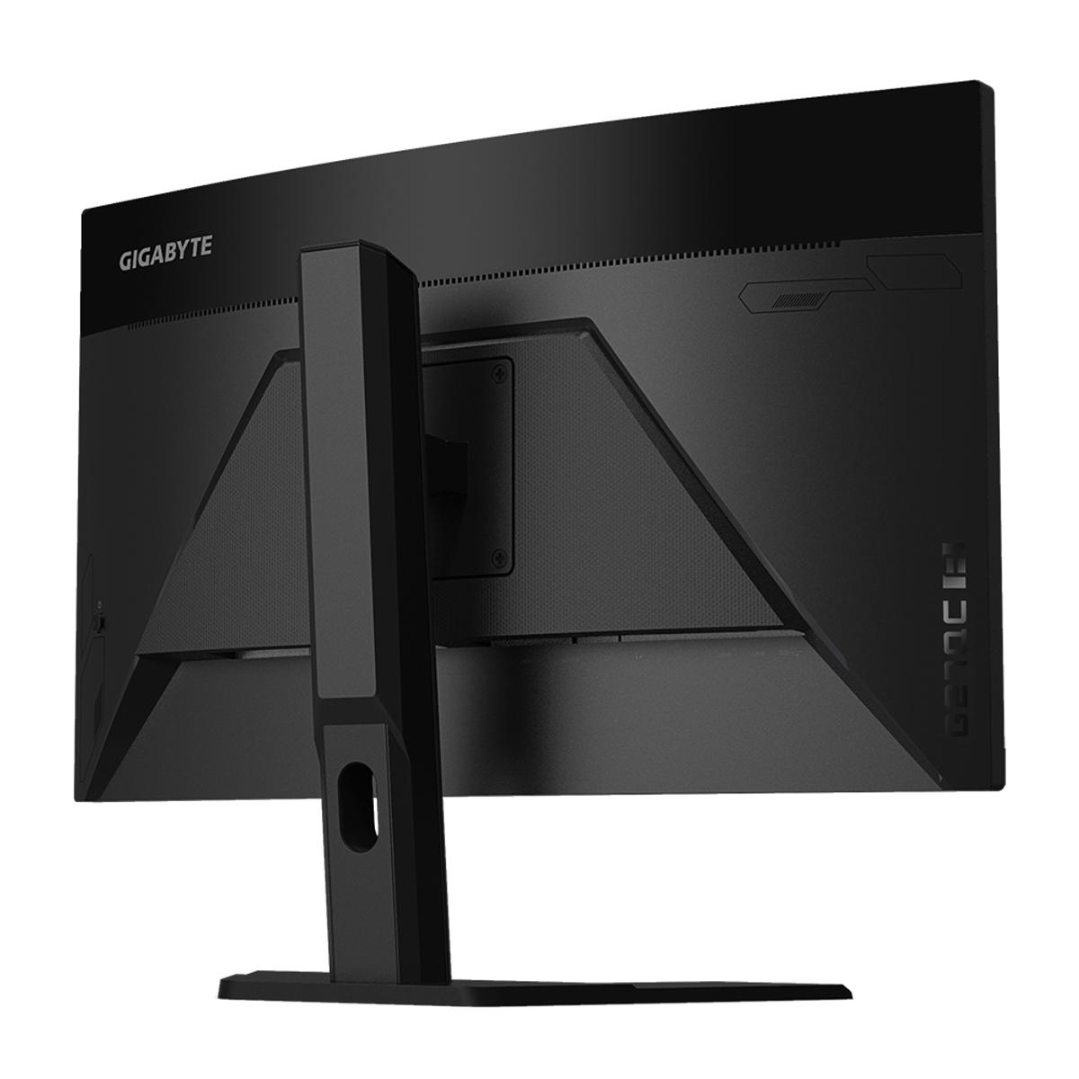 Un monitor per computer nero, vista posteriore, con supporto. Il logo Gigabyte è visibile.