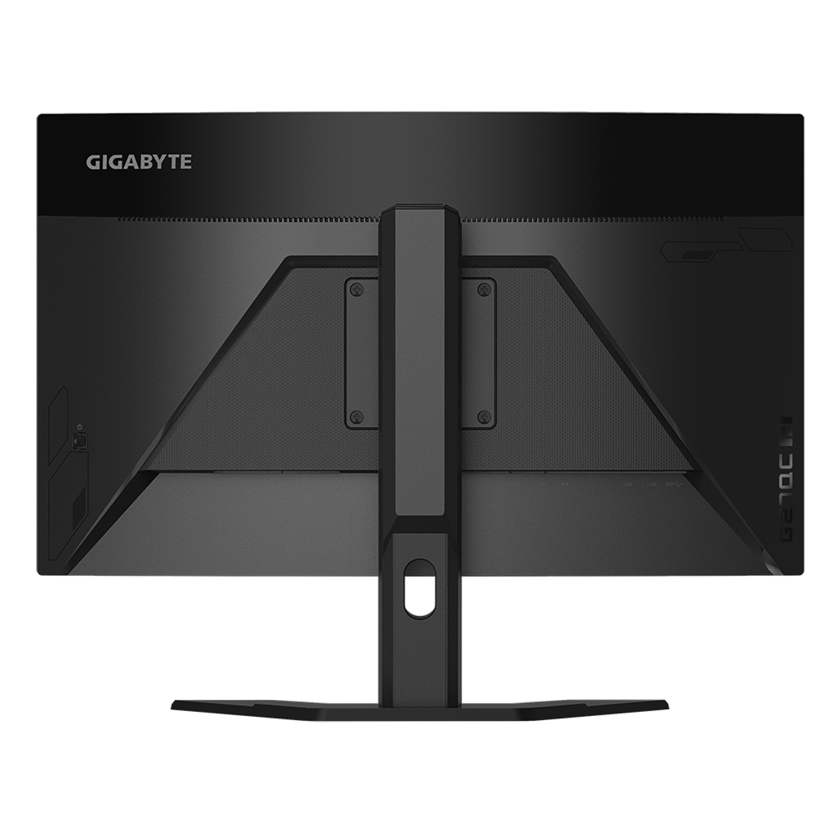 Vista posteriore di un monitor Gigabyte nero, che mostra il supporto, le porte e il logo.