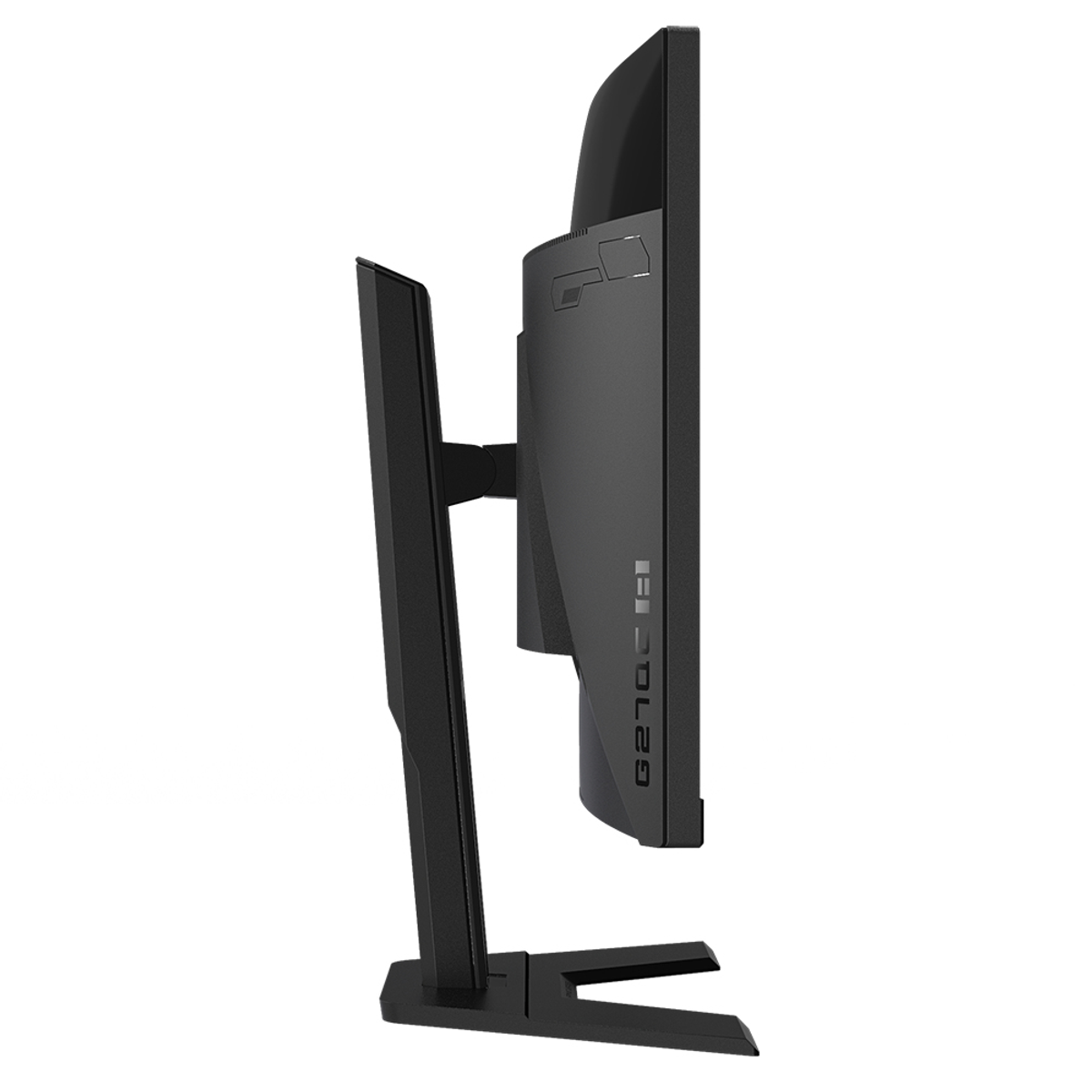 Monitor per computer nero, vista laterale, con supporto. Il lato ha il nome del modello G27QC.