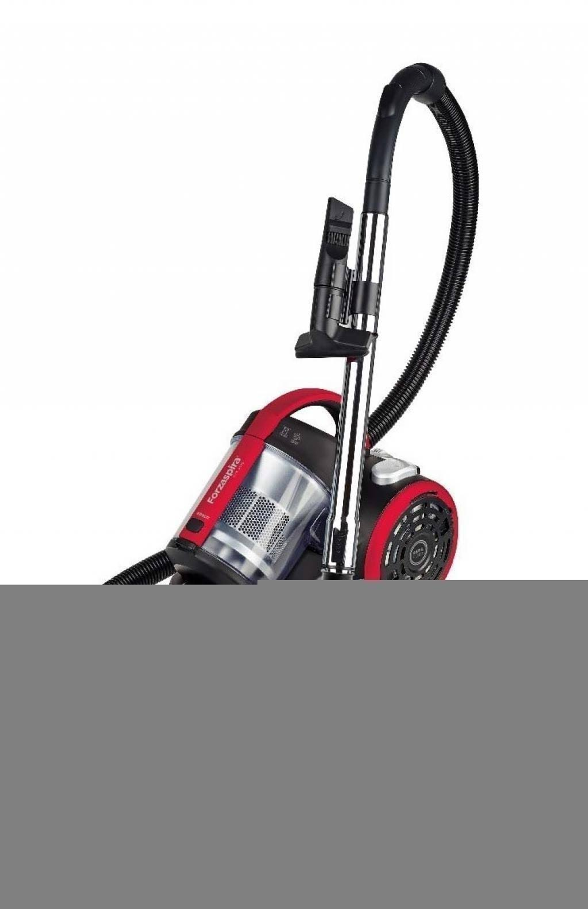 Czerwony i czarny odkurzacz z jego częściami. Odkurzacz jest w pozycji pionowej.