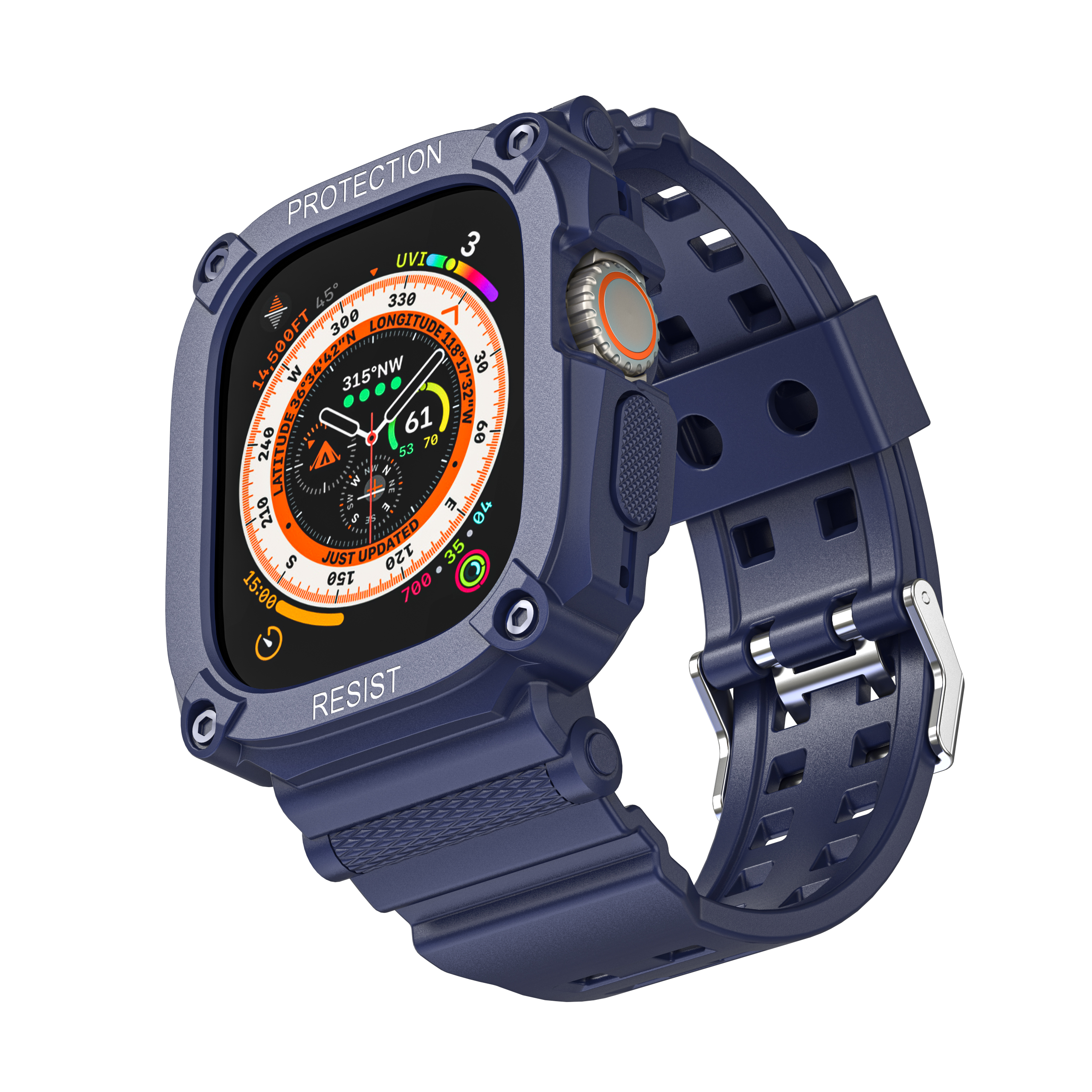 Eine blaue Smartwatch mit dunkelblauem Armband, die eine digitale Anzeige mit Navigation zeigt.
