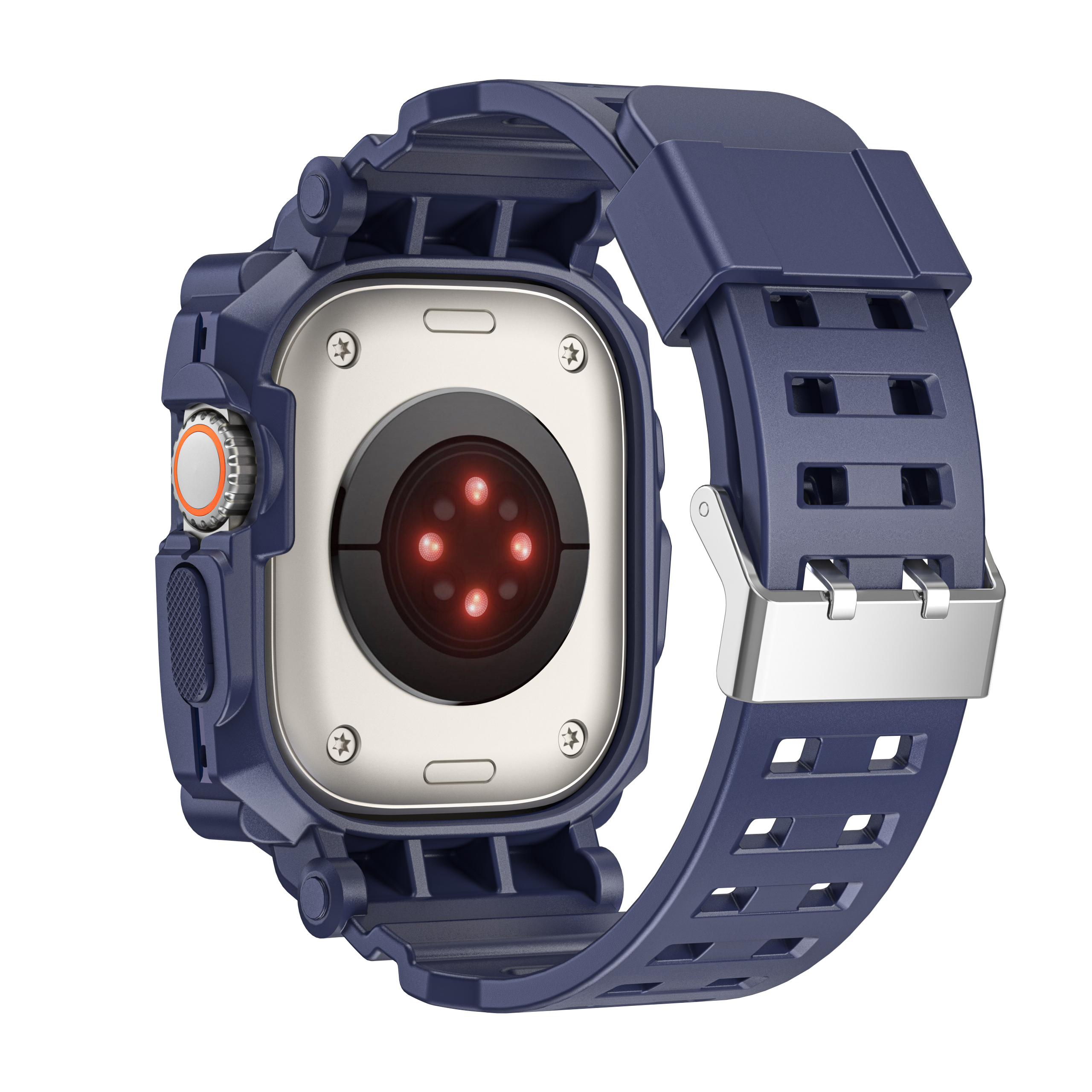 Eine marineblaue Smartwatch mit passendem Armband. Die Rückseite der Uhr zeigt Sensoren. Silberner Verschluss am Armband.