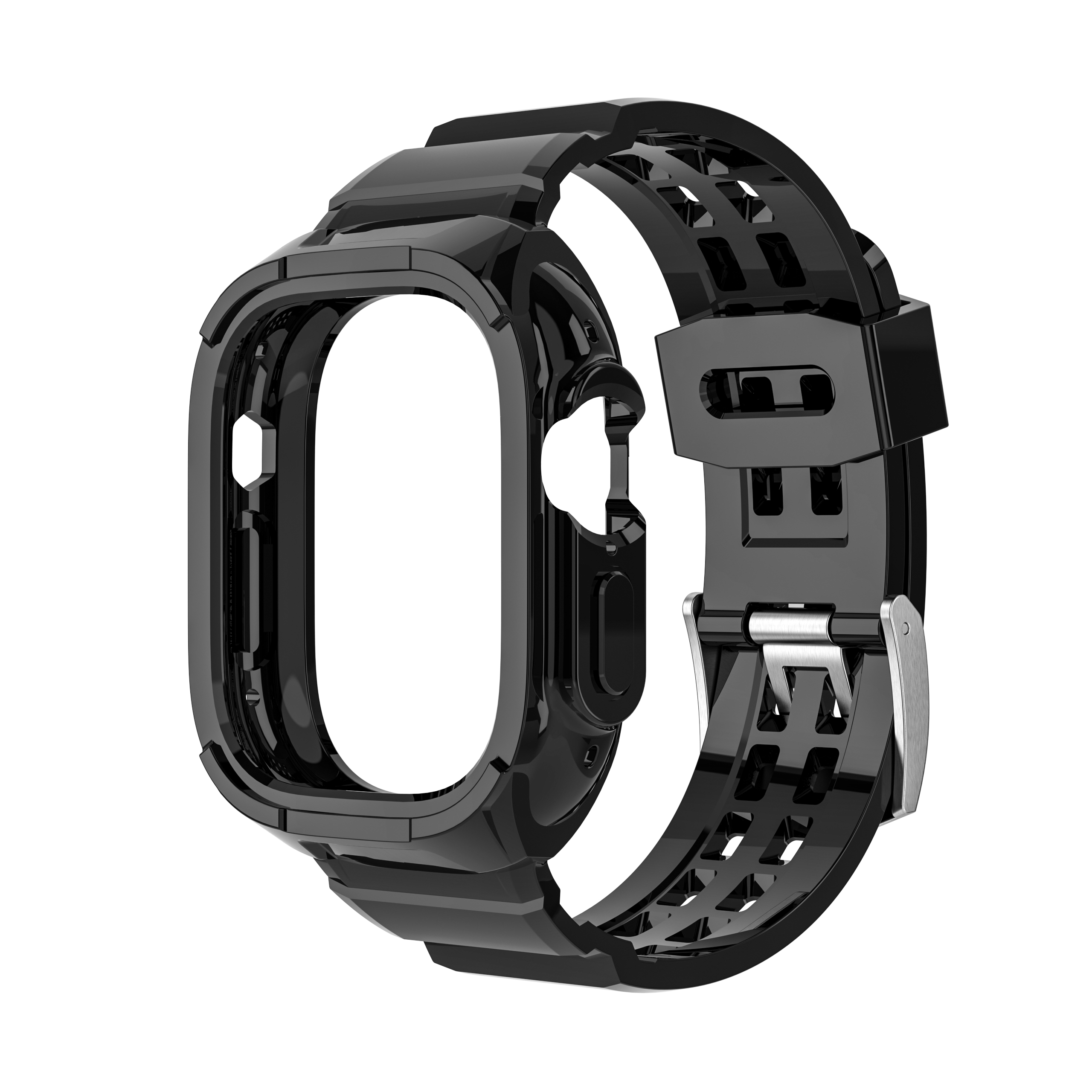 Schwarzes Uhrenarmband mit Rahmen und Riemen. Der Riemen hat einen Verschluss und ein Muster.