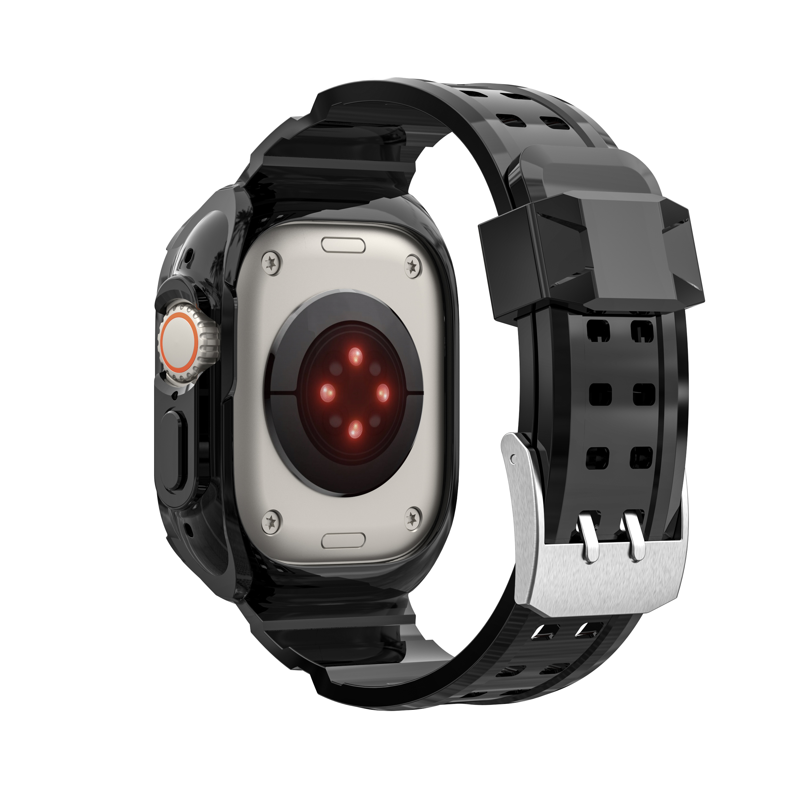 Eine schwarze Smartwatch mit schwarzem Armband, zeigt die Rückseite mit roten Sensoren.