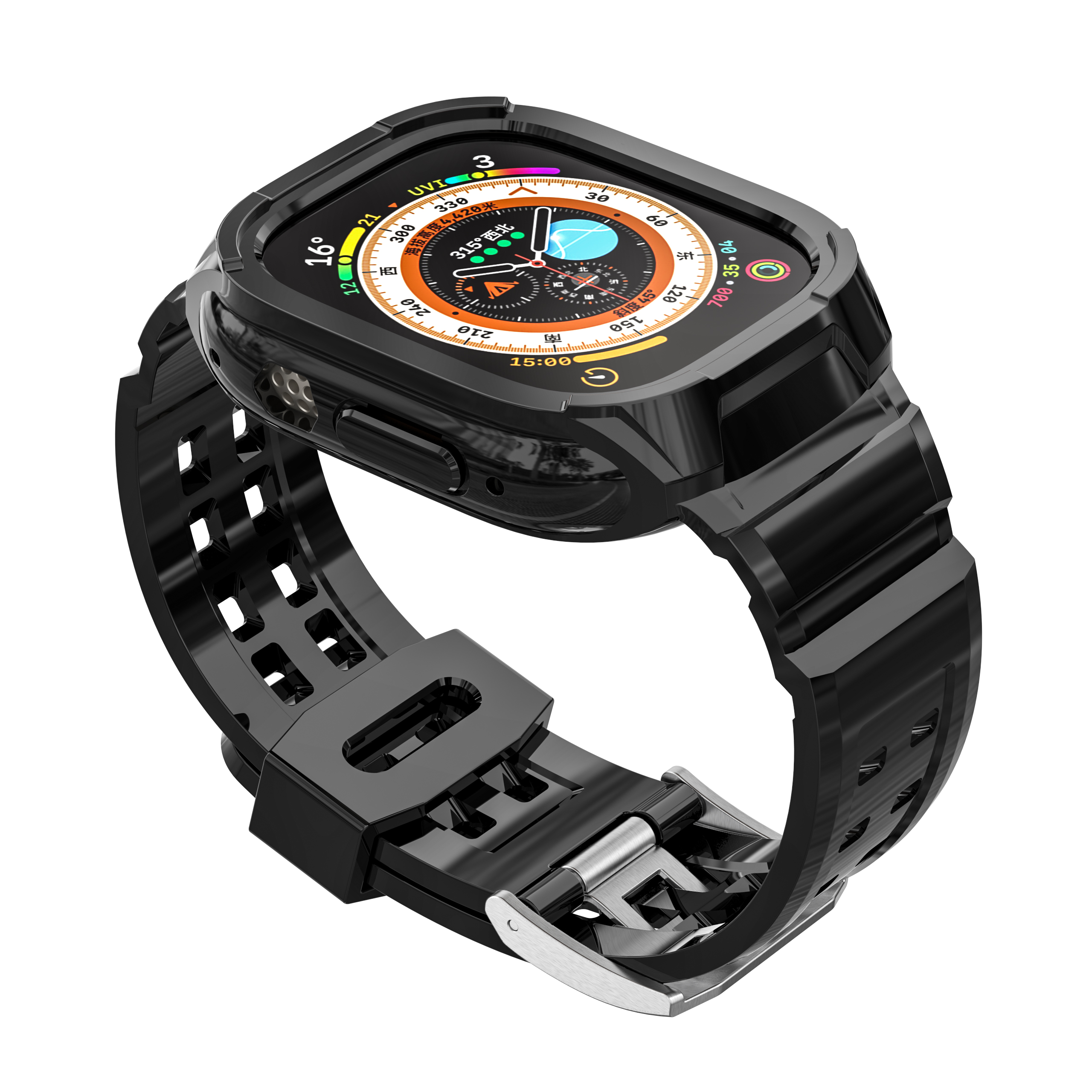 Eine schwarze Smartwatch mit schwarzem Armband, die eine digitale Oberfläche anzeigt.