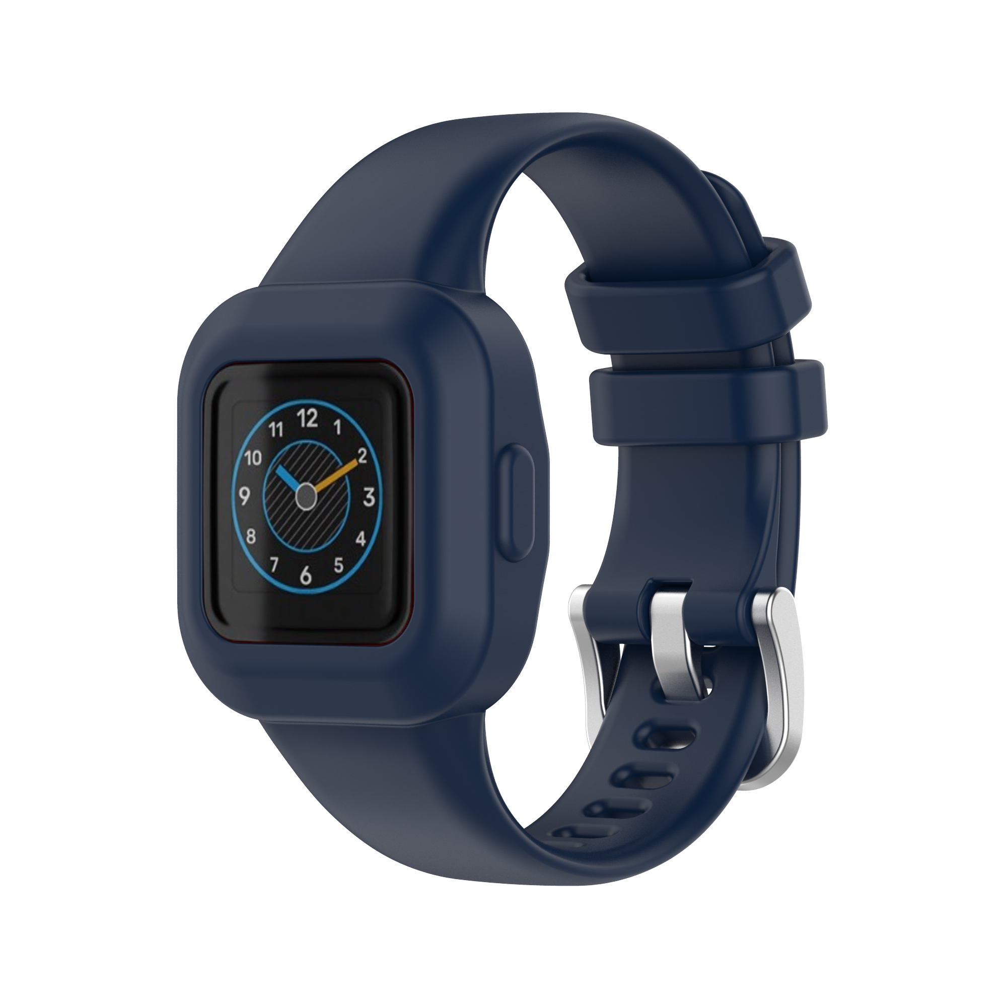 Granatowy smartwatch z czarnym ekranem. Pasek jest również granatowy ze srebrną klamrą.
