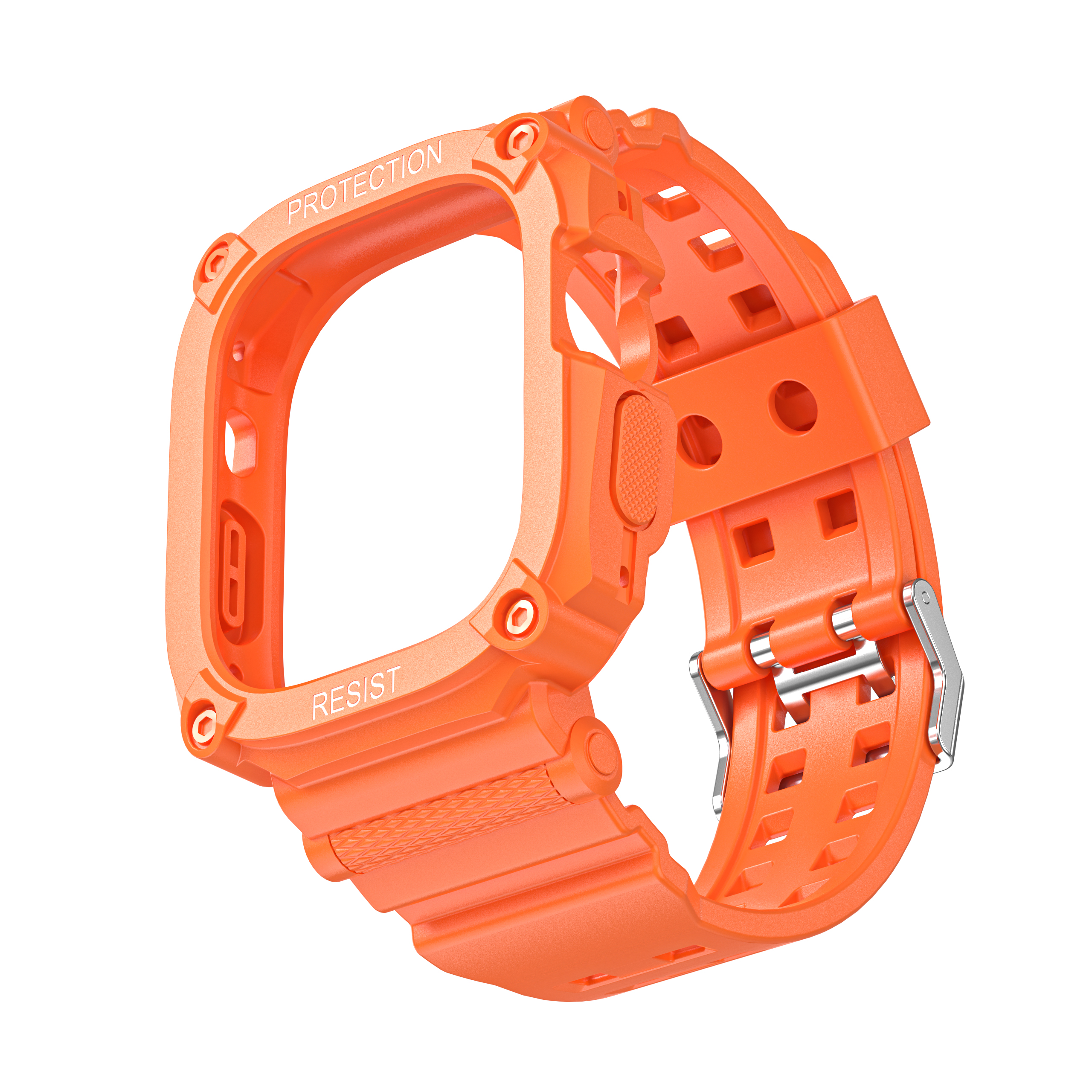 Orangener Uhrengehäuseschutz. Die Wörter PROTECTION und RESIST sind auf dem Gehäuse gedruckt.