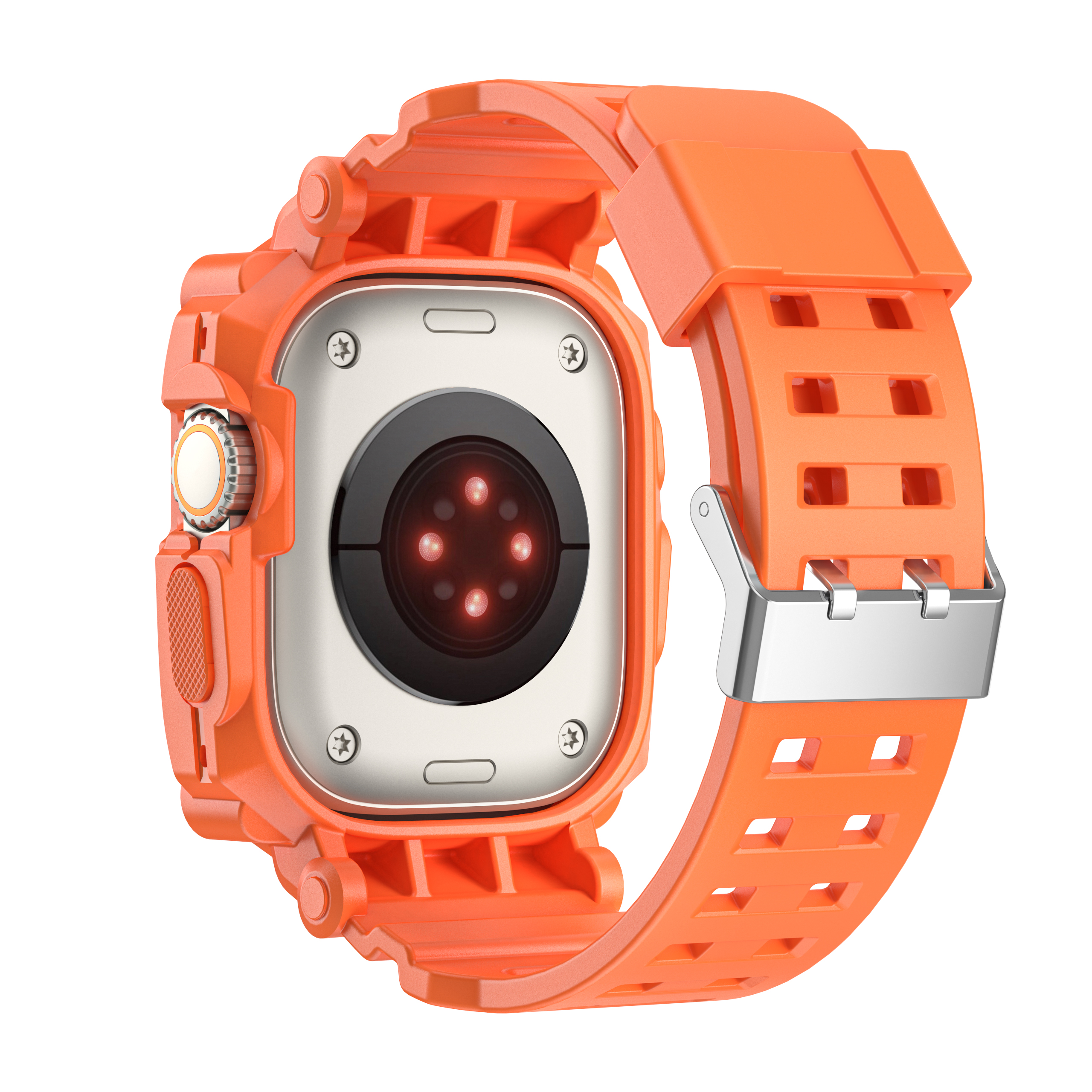 Orangene Smartwatch, Unterseite sichtbar. Oranges Armband. Weißer Hintergrund.