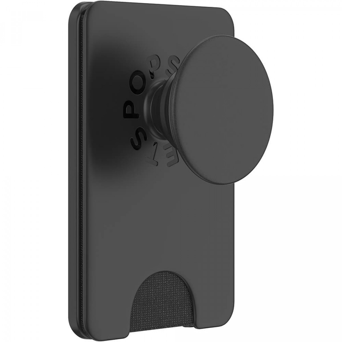 Schwarzer PopSockets-Handygriff. Er hat eine schwarze Basis mit einer Tasche und einen schwarzen, kreisförmigen Pop-out-Griff.
