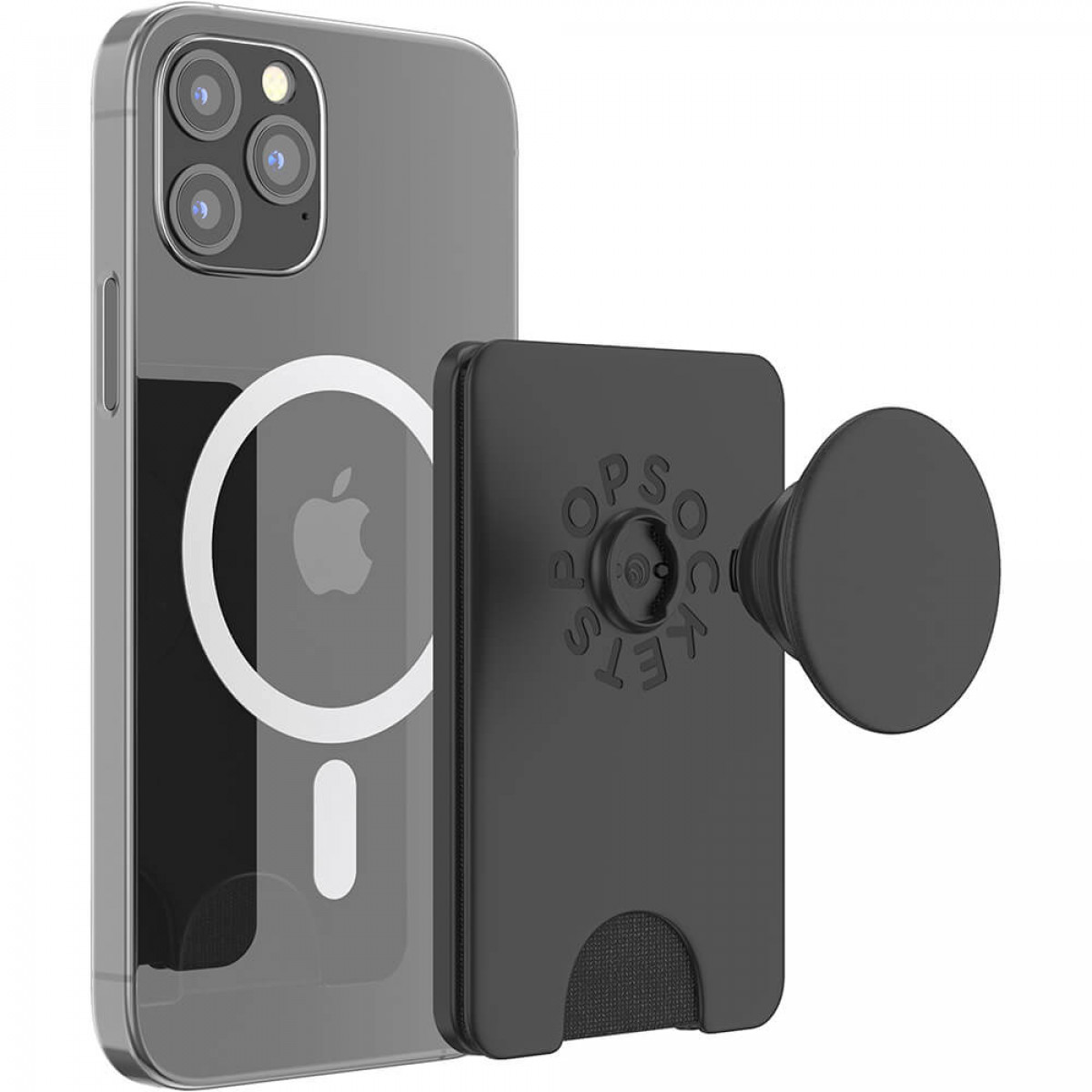 Schwarze Handyhülle mit einem PopSockets-Griff, der an der Rückseite eines iPhone 12 Pro befestigt ist.