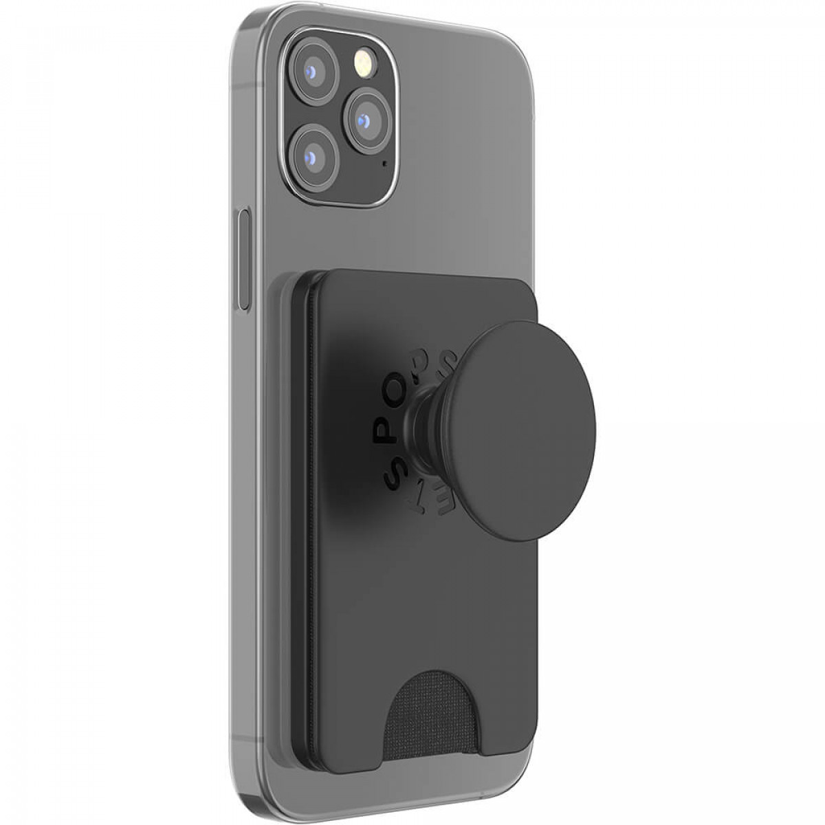 Eine schwarze Handyhülle mit Kartenhalter und Pop-out-Griff ist an einem grauen iPhone befestigt.