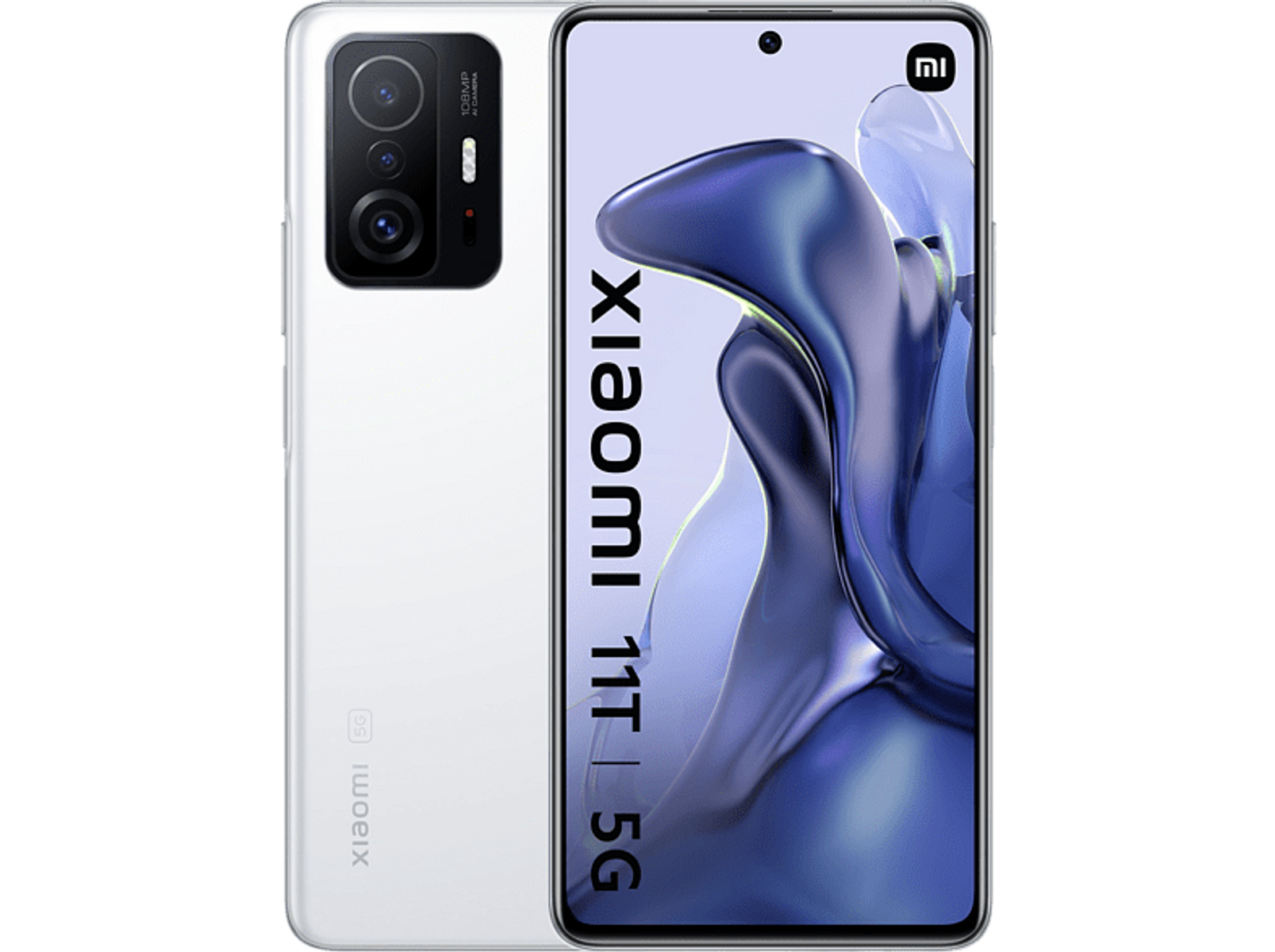 Biały smartfon z ekranem wyświetlającym obrazy płynnego wzoru.