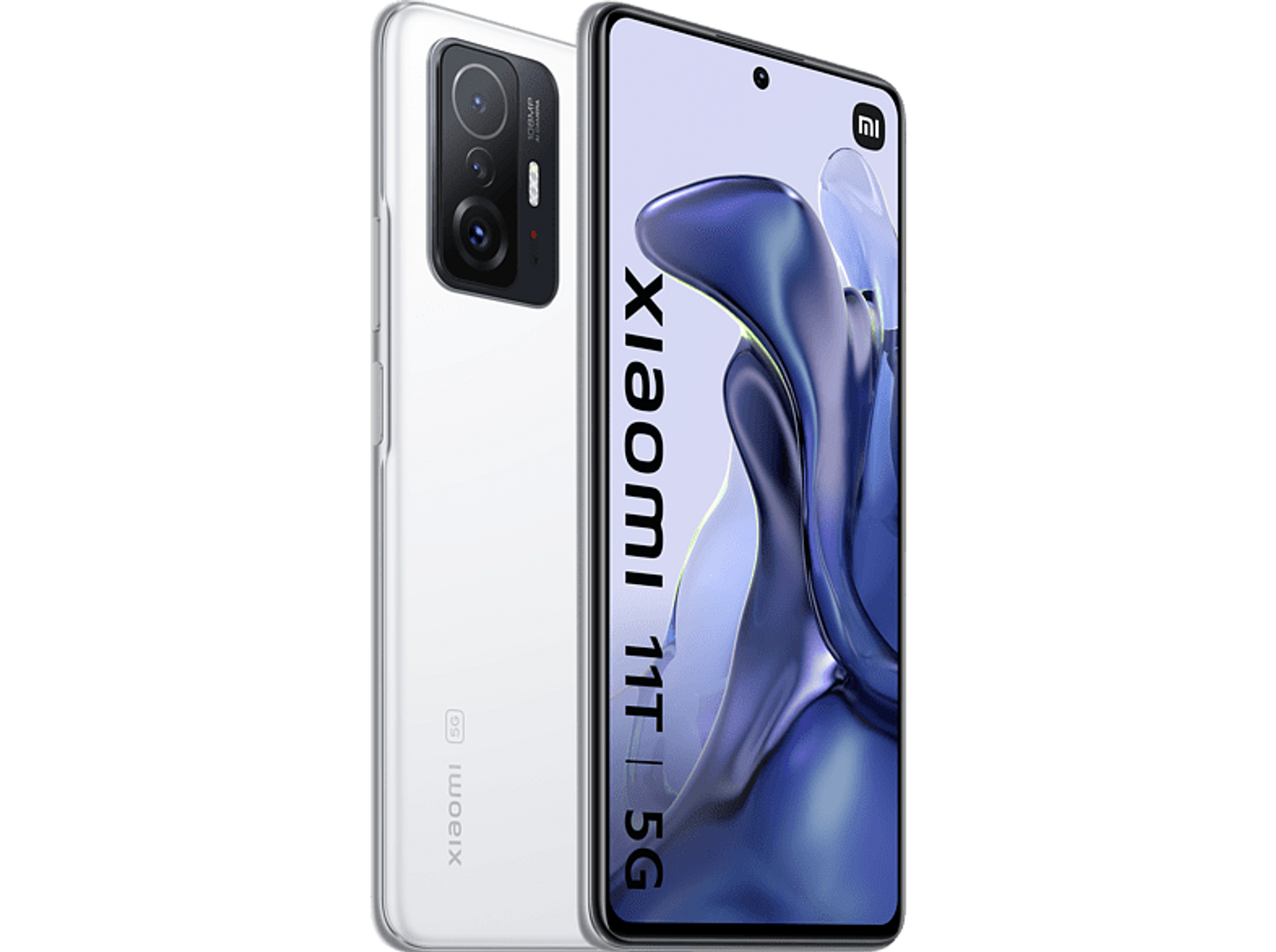 Biały i srebrny smartfon z potrójnym aparatem z tyłu. Ekran wyświetla tekst.