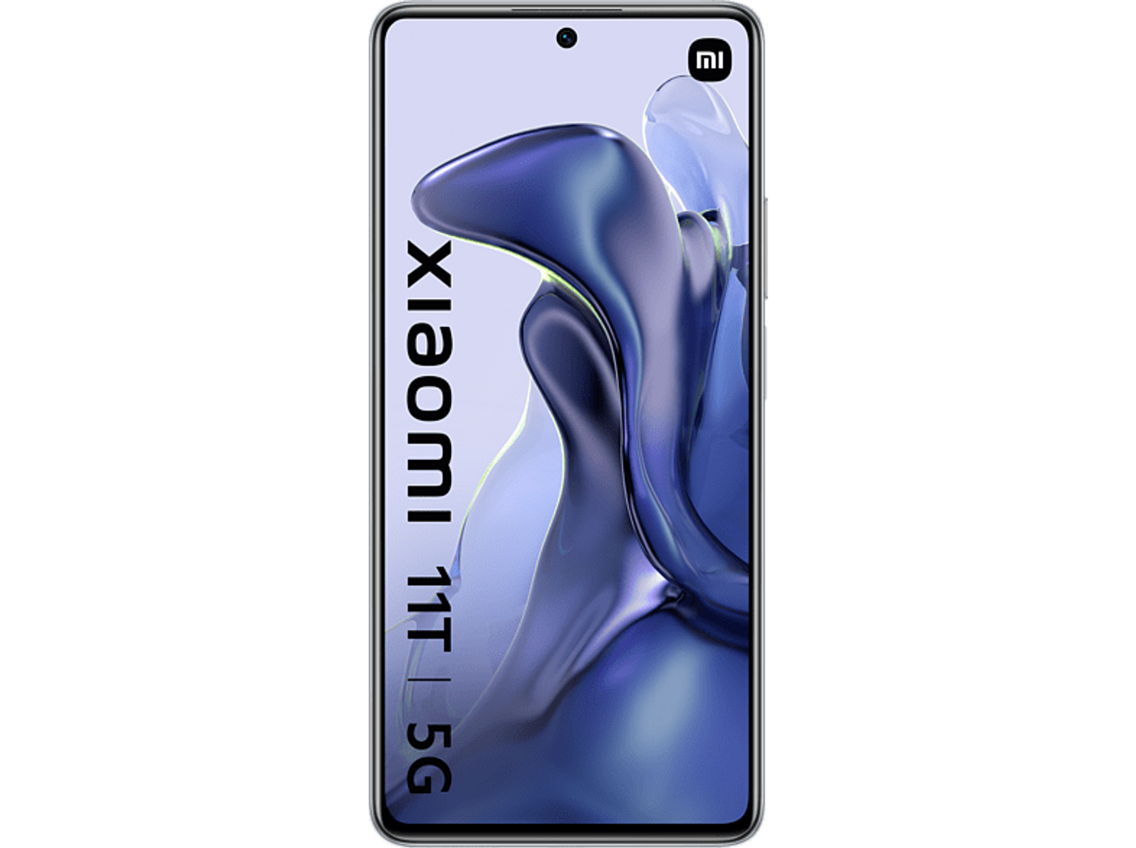 Czarny smartfon z napisem 'Xiaomi 11T 5G' pionowo na ekranie, na czarnym tle.