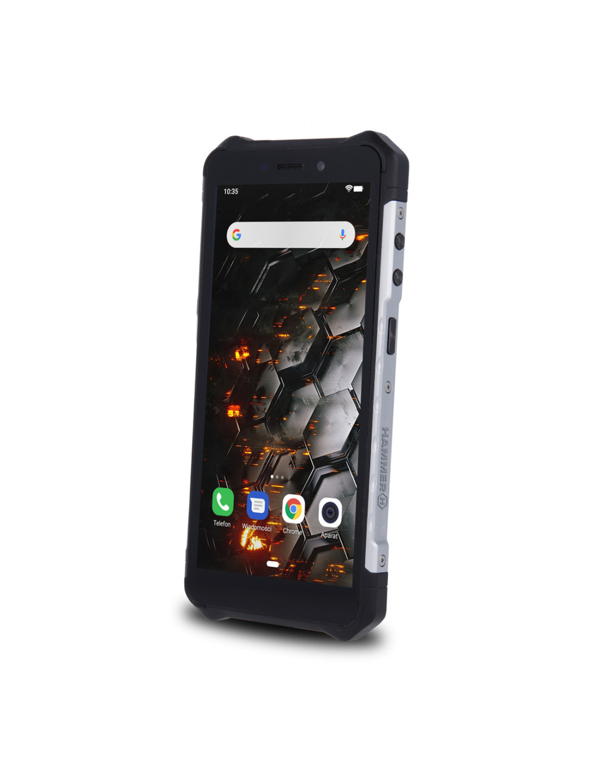 Ein robustes Smartphone mit schwarzem Gehäuse und silbernem Rahmen, das die Google-Such-App anzeigt.
