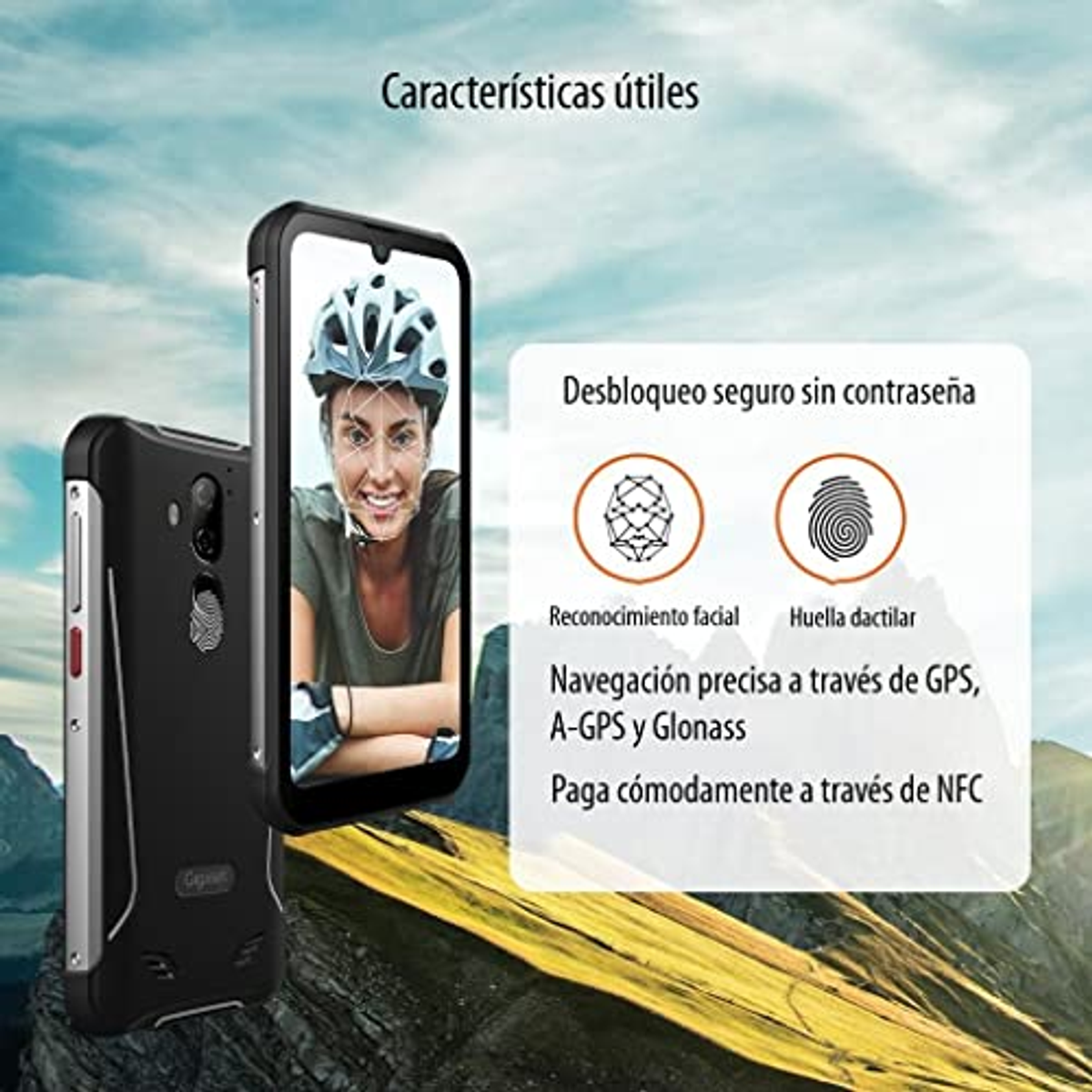 Robustes Smartphone mit Gesichtserkennung und Fingerabdrucksensor. Berge im Hintergrund.