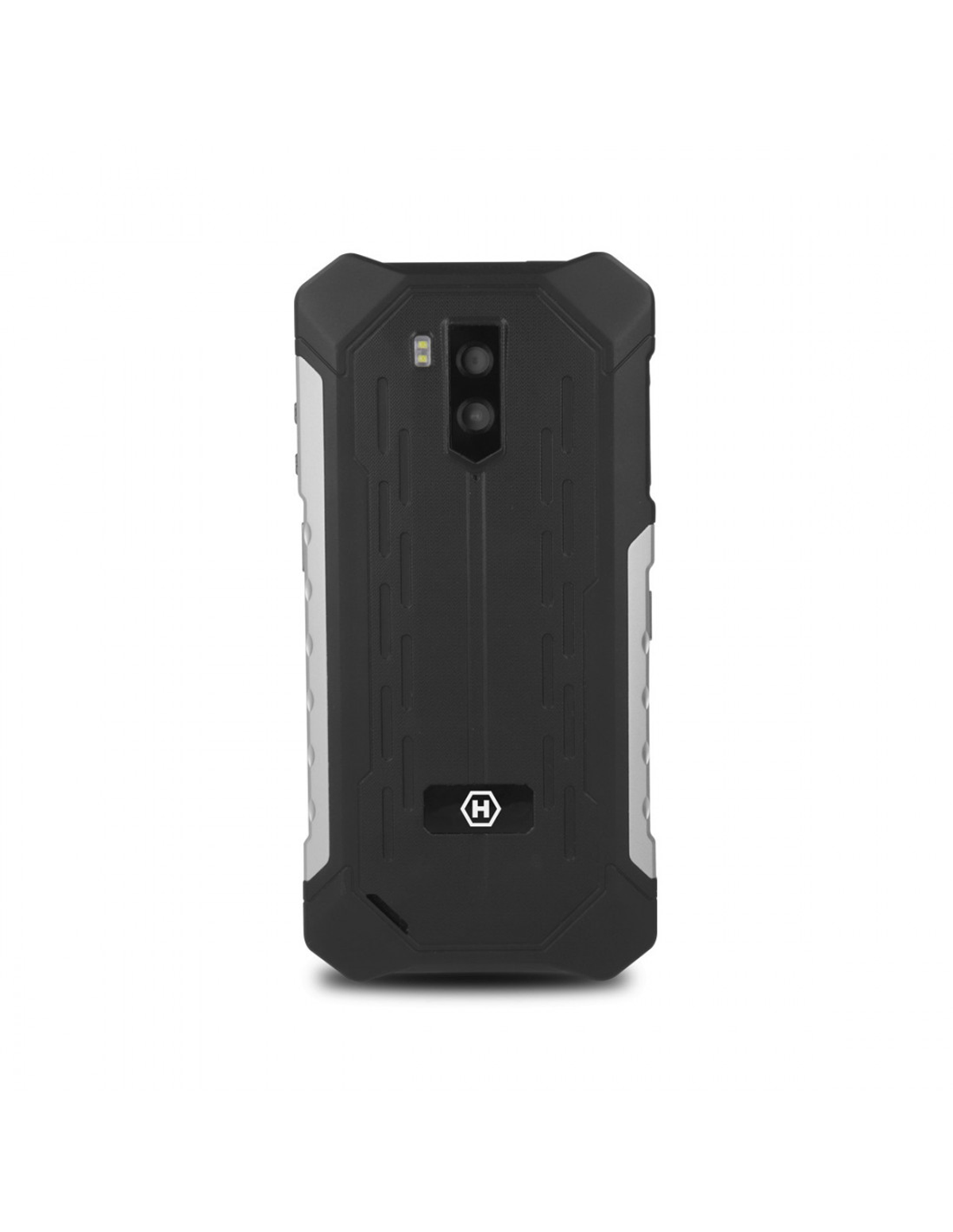 Schwarze Smartphone-Rückseite mit Dual-Kamera, Blitz und Logo. Robustes Design, weißer Hintergrund.