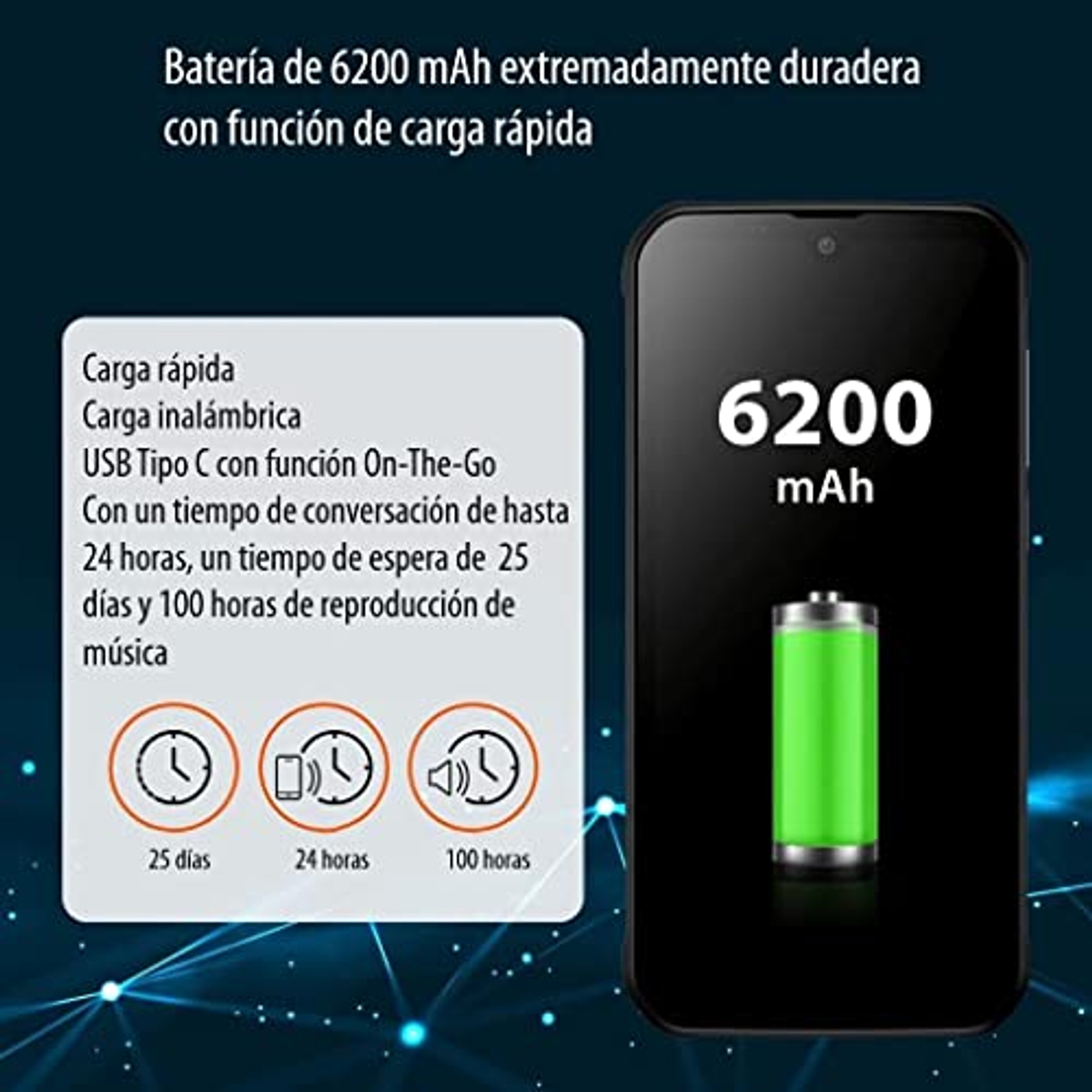 Ein schwarzes Smartphone mit Batterieinfo und Text auf der Seite, mit grüner Batteriegrafik.